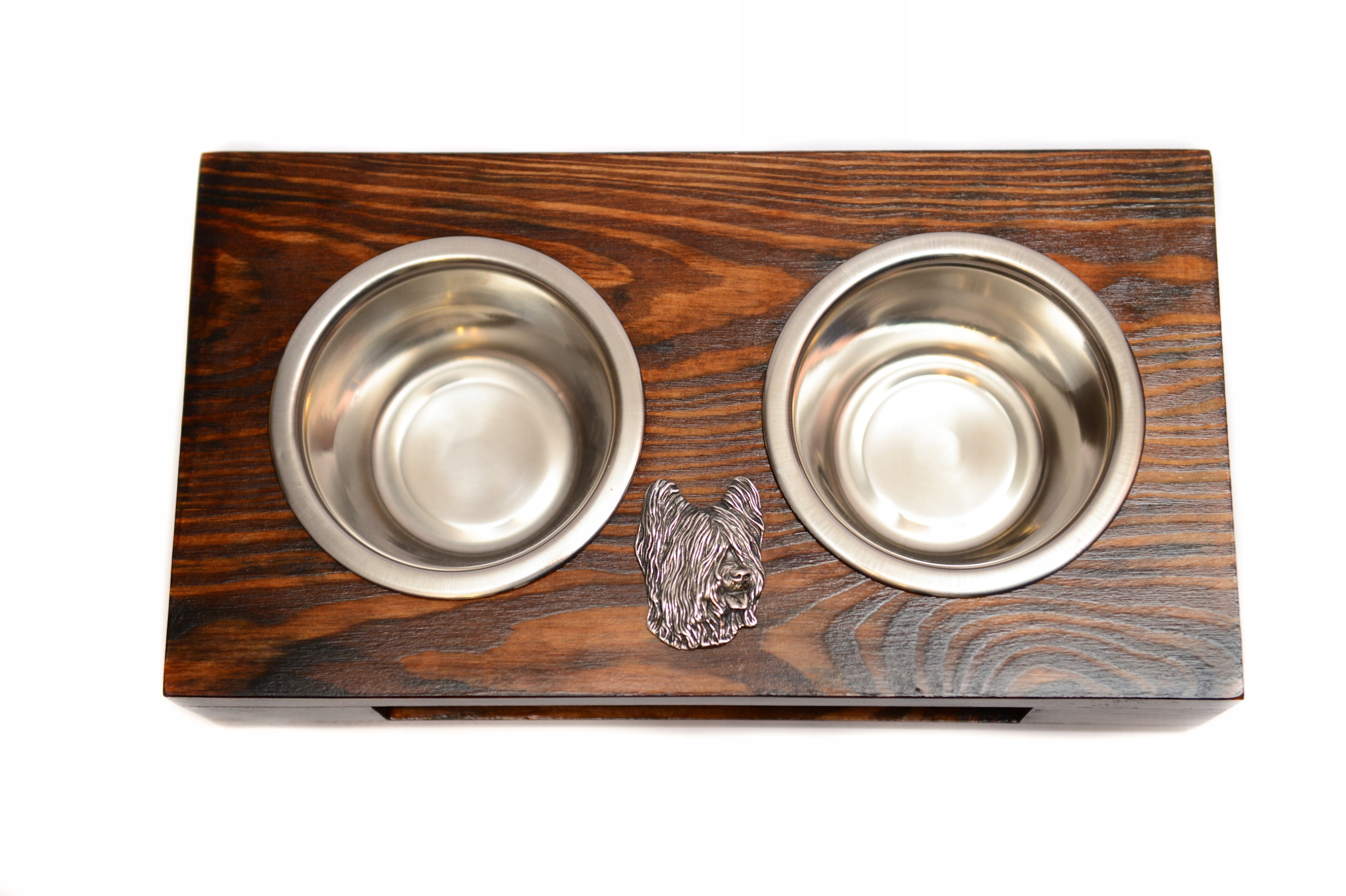 Levně Stojan s miskami pro psa, masivní dřevo, ocelové misky, francouzský ovčák