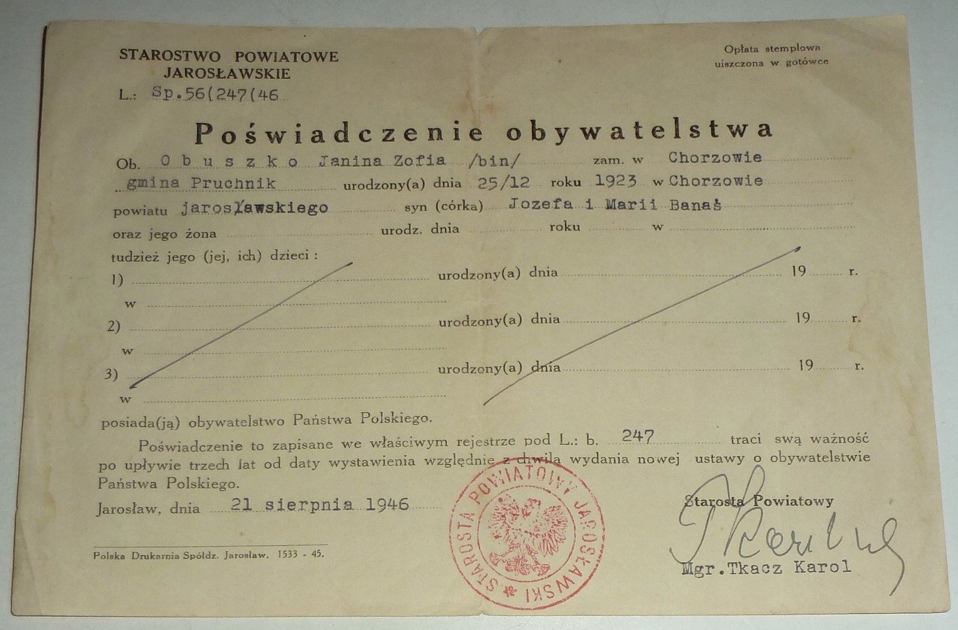 [Jarosław] POŚWIADCZENIE OBYWATELSTWA 1946