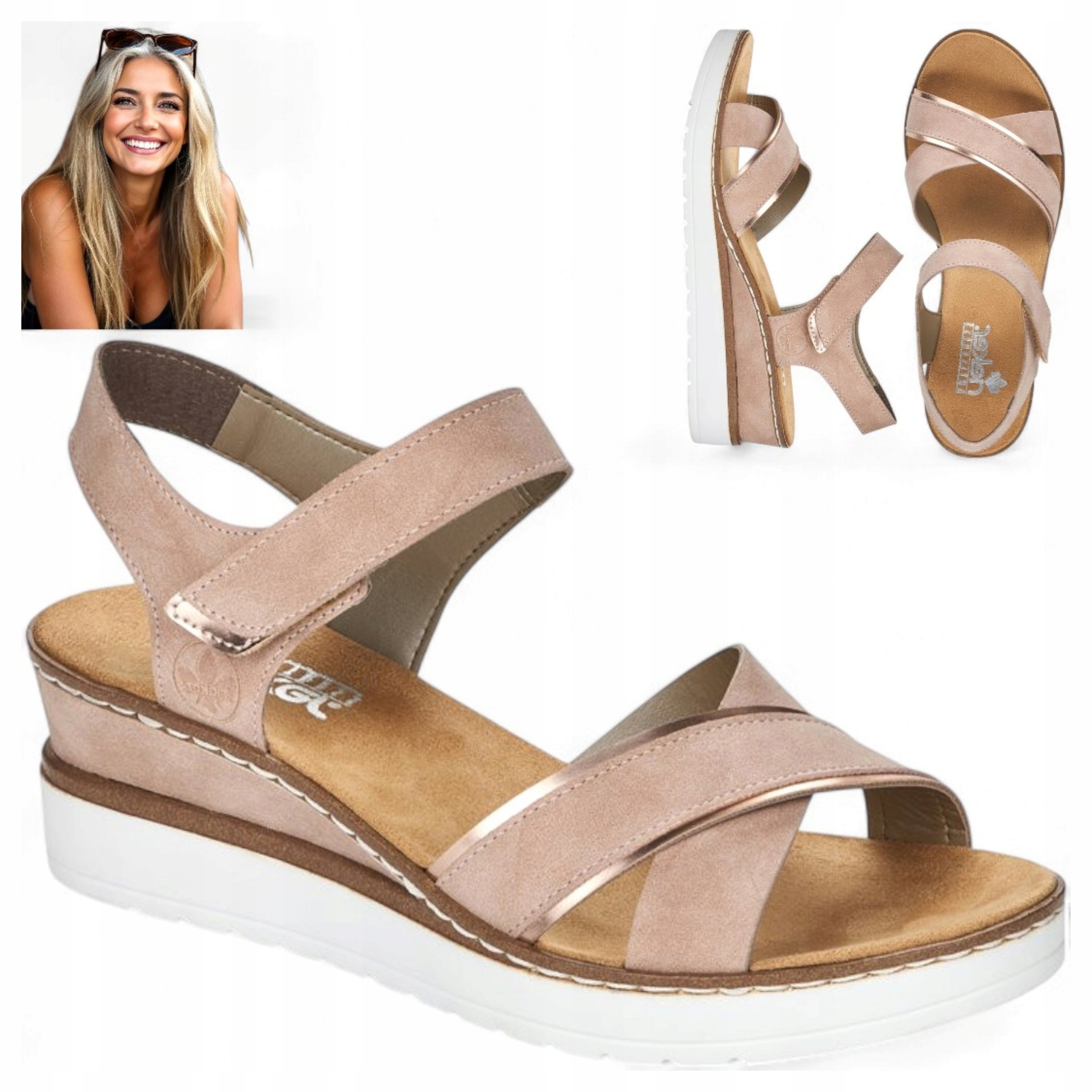 Rieker 40 Pohodlné dámské sandály na suchý zip na podpatku, sandálky, lehké, růžové