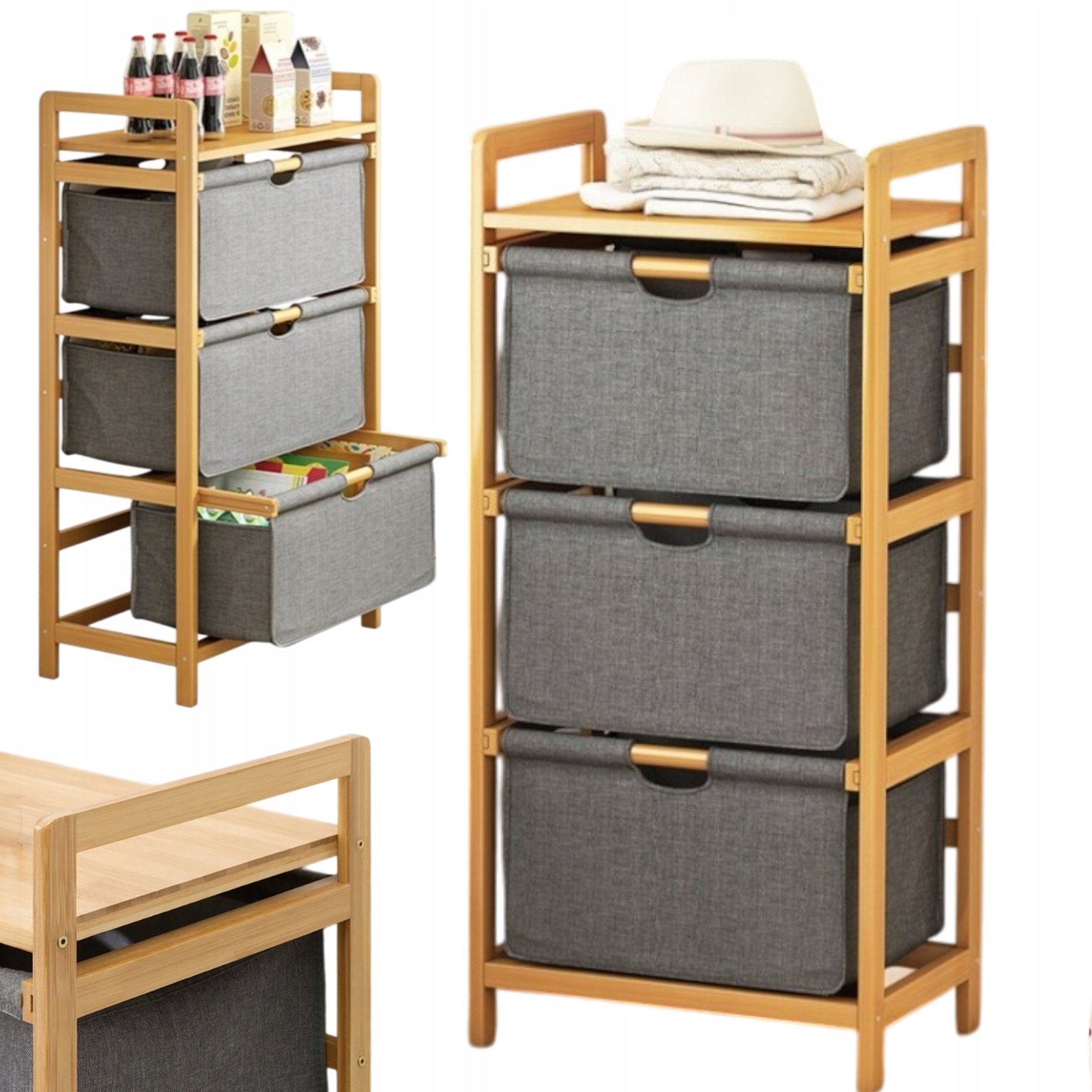 WIELOFUNKCYJNY REGAŁ PÓŁKA BAMBUSOWY 3POZIOMOWY SZAFKA MATERIAŁOWE SZUFLADY