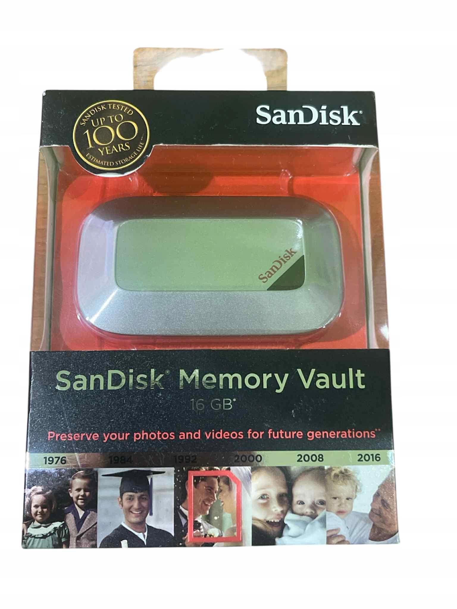 SanDisk Memory Vault 16 Gb, żywotność pamięci do 100 lat z kablem Usb, nowy