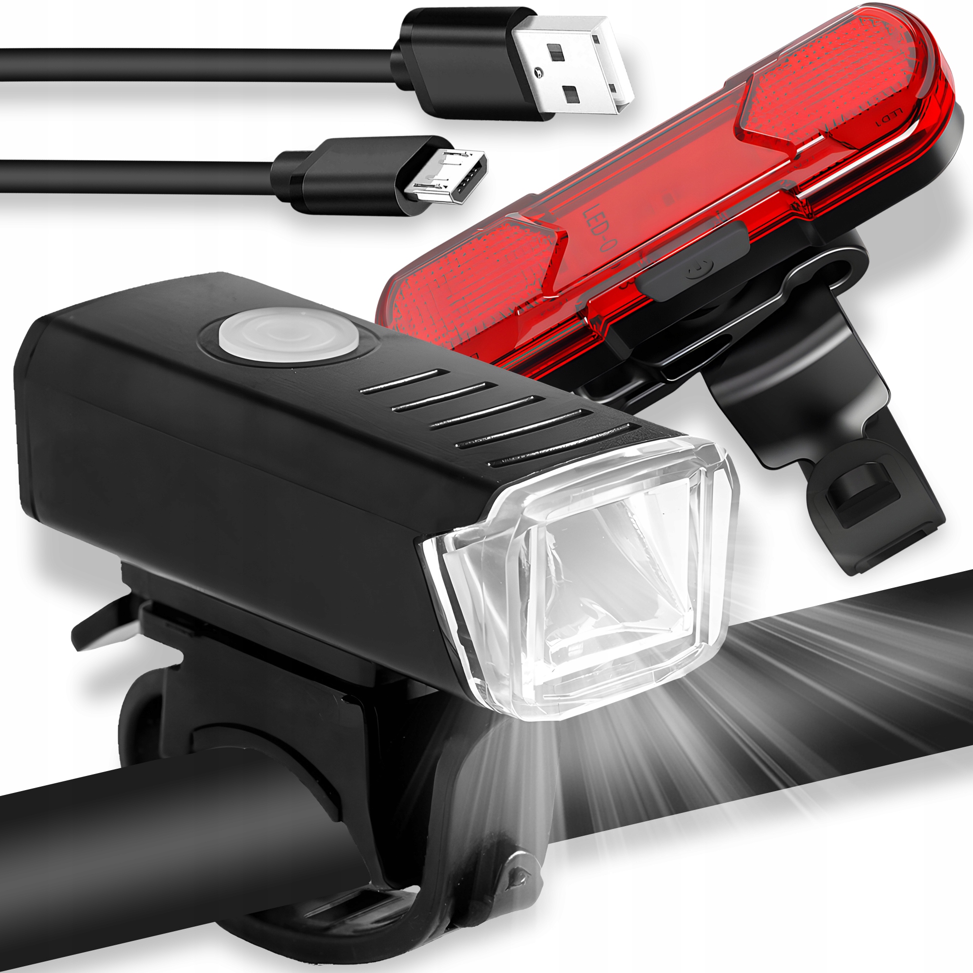 LAMPKA ROWEROWA LED NA ROWER KIEROWNICĘ MOCNA AKUMULATOROWA USB + TYŁ TYLNA