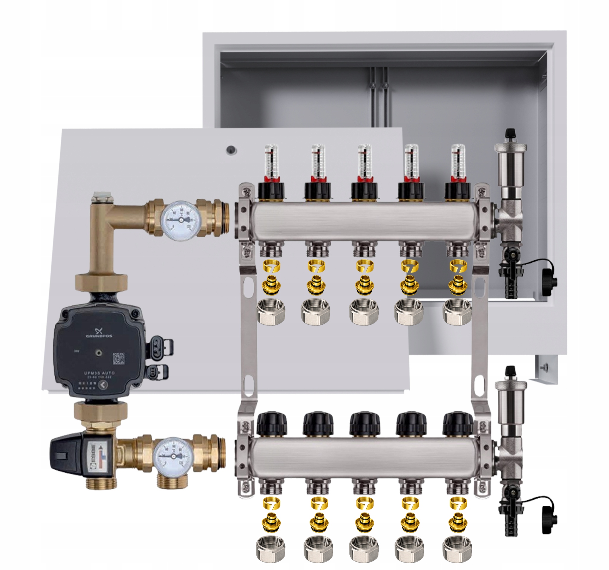 Nerezový rozdeľovač na podlahu 5 boxov Čerpadlo Grundfos Pex