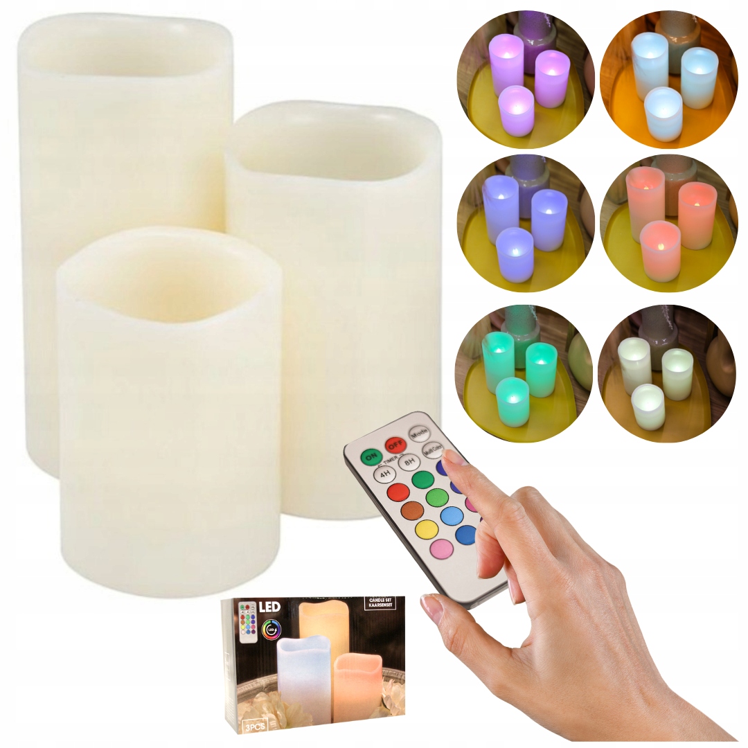 

Komplet woskowych świec Led 3 szt. kolorowe pilot