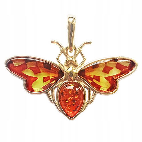 Přívěsek Zlatý Motýl s vyřezávaným gravírovaným Jantarem stříbro 925 Pozlacený