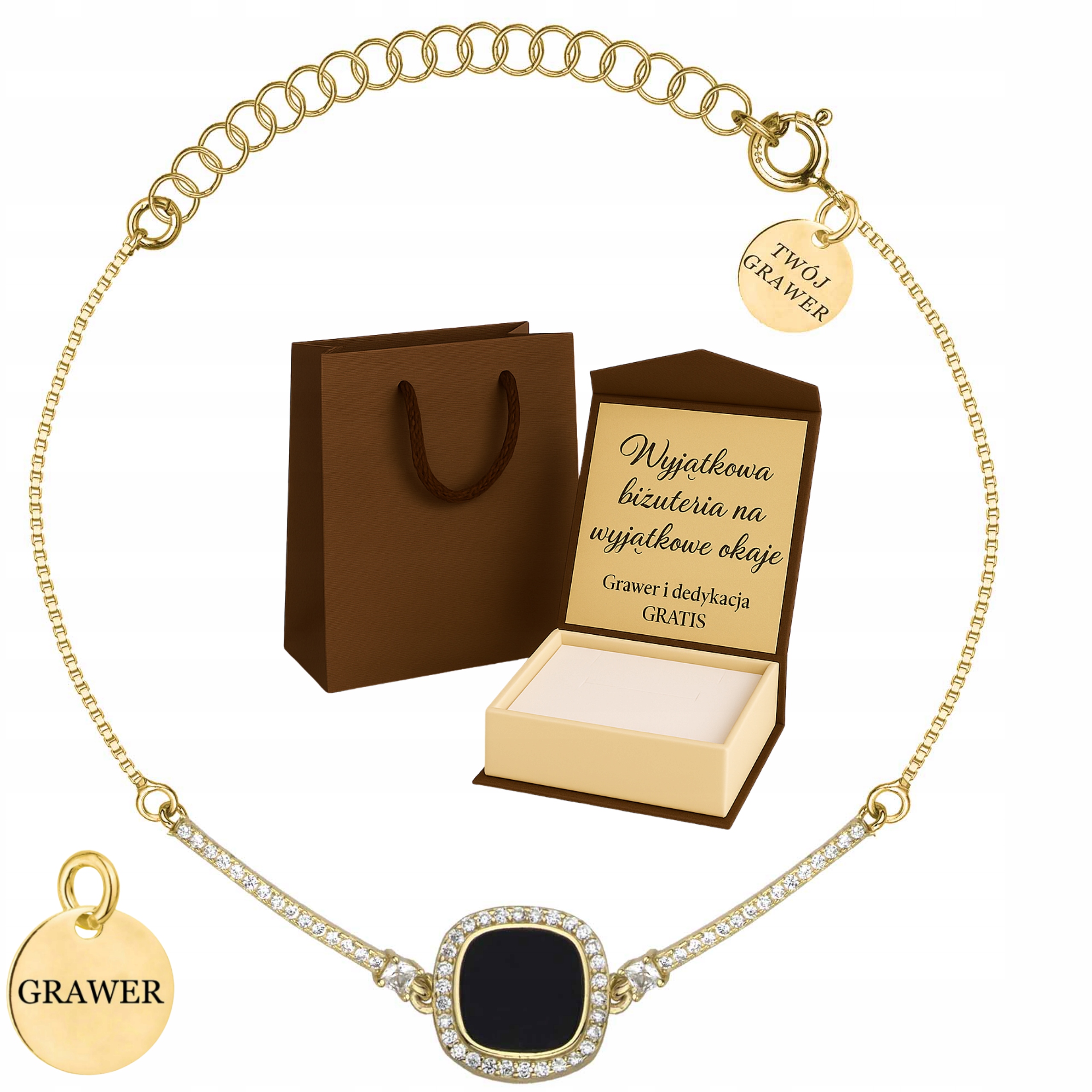 Dámský zlatý náramek 585/925 s černými kameny Zirkony Gravírování Bonus