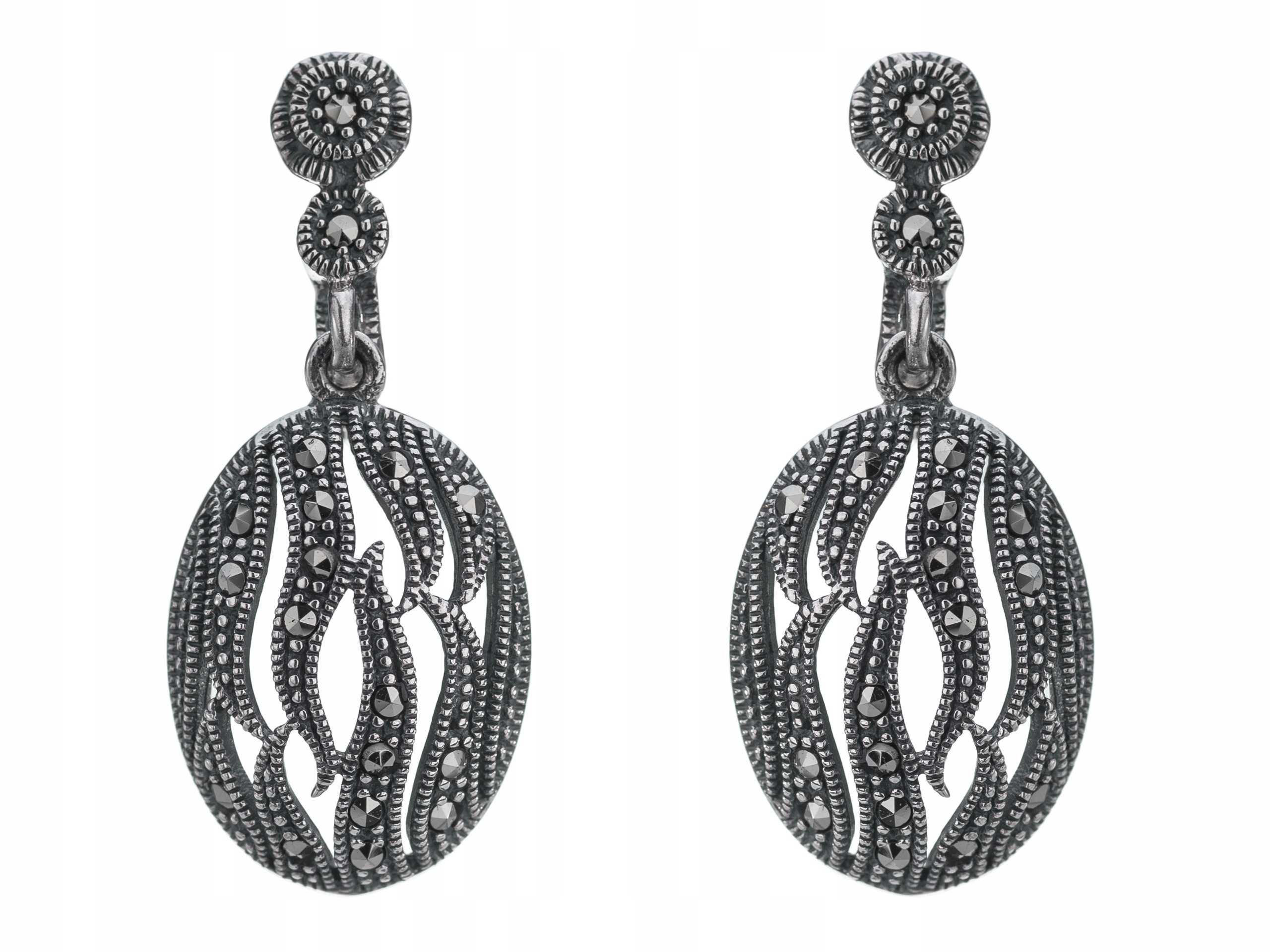 Stříbrné Náušnice Závěsné Velké ovály s markýzami Oxidované Stříbro 925