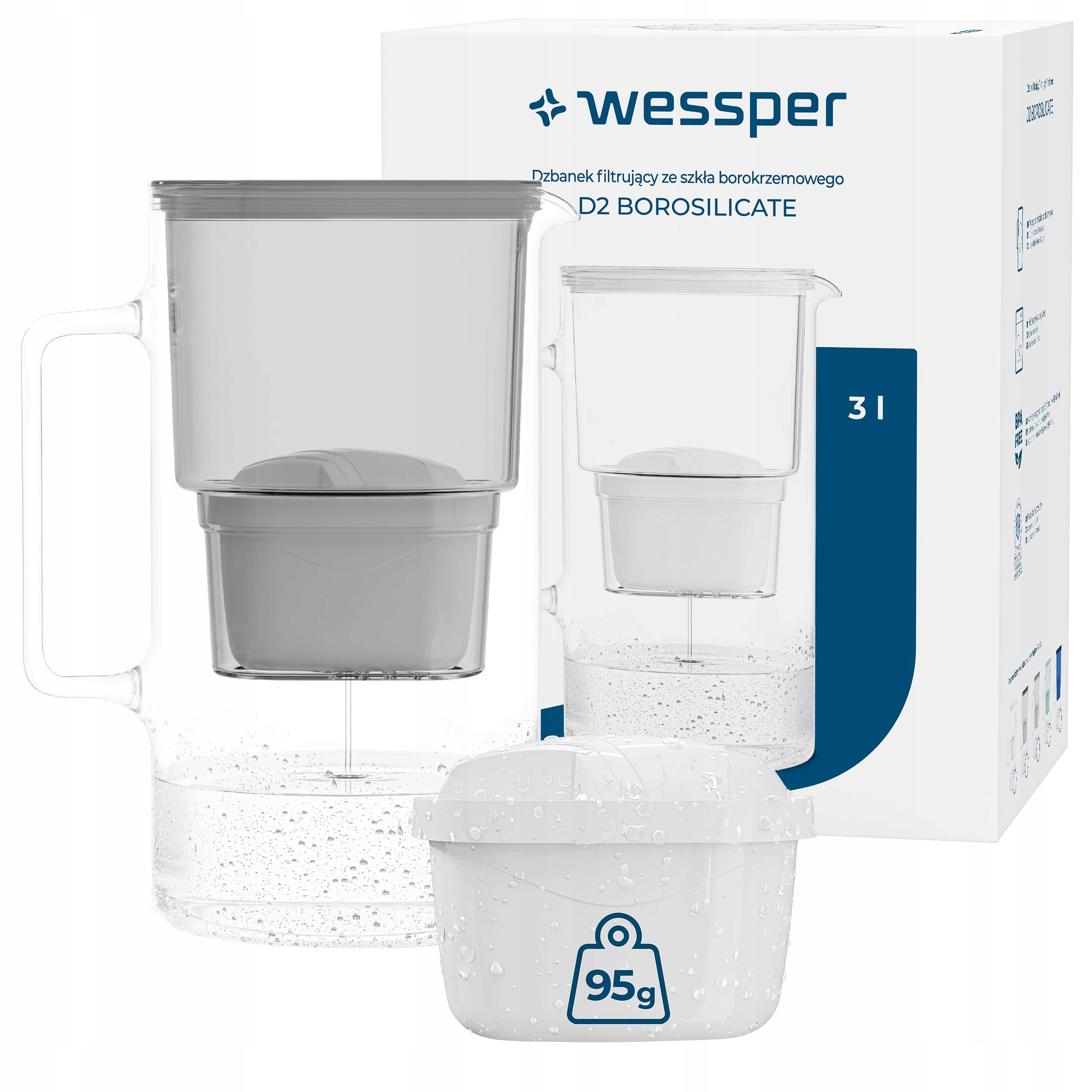Dzbanek filtrujący szklany Wessper D2 Borosilicate 3l 1 filtr Aquamax