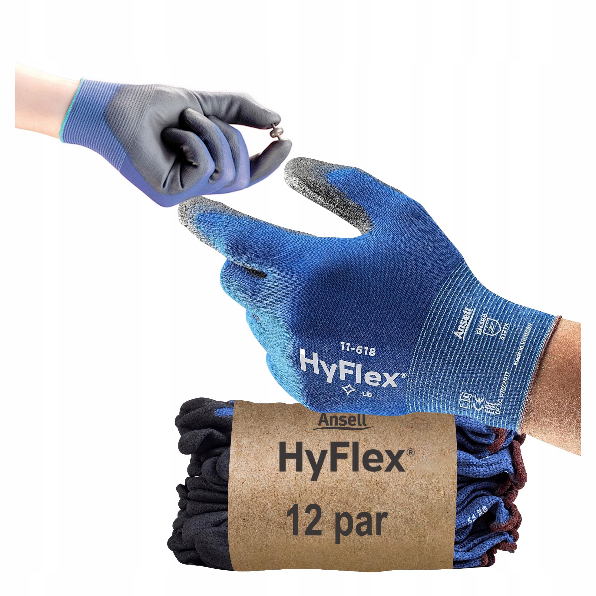 12 Par Ochranné rukavice Bozp Antielektrostatické Ansell HyFlex 11-618 vel.