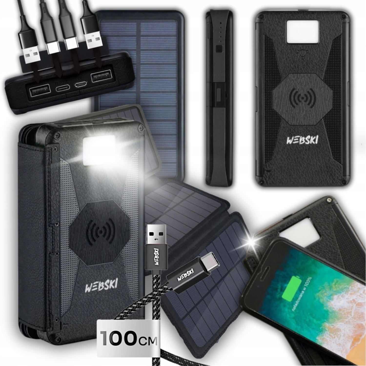 Solární Powerbanka 16000 mAh Solární Indukční Nabíječka Pro Telefon Usb Kabel