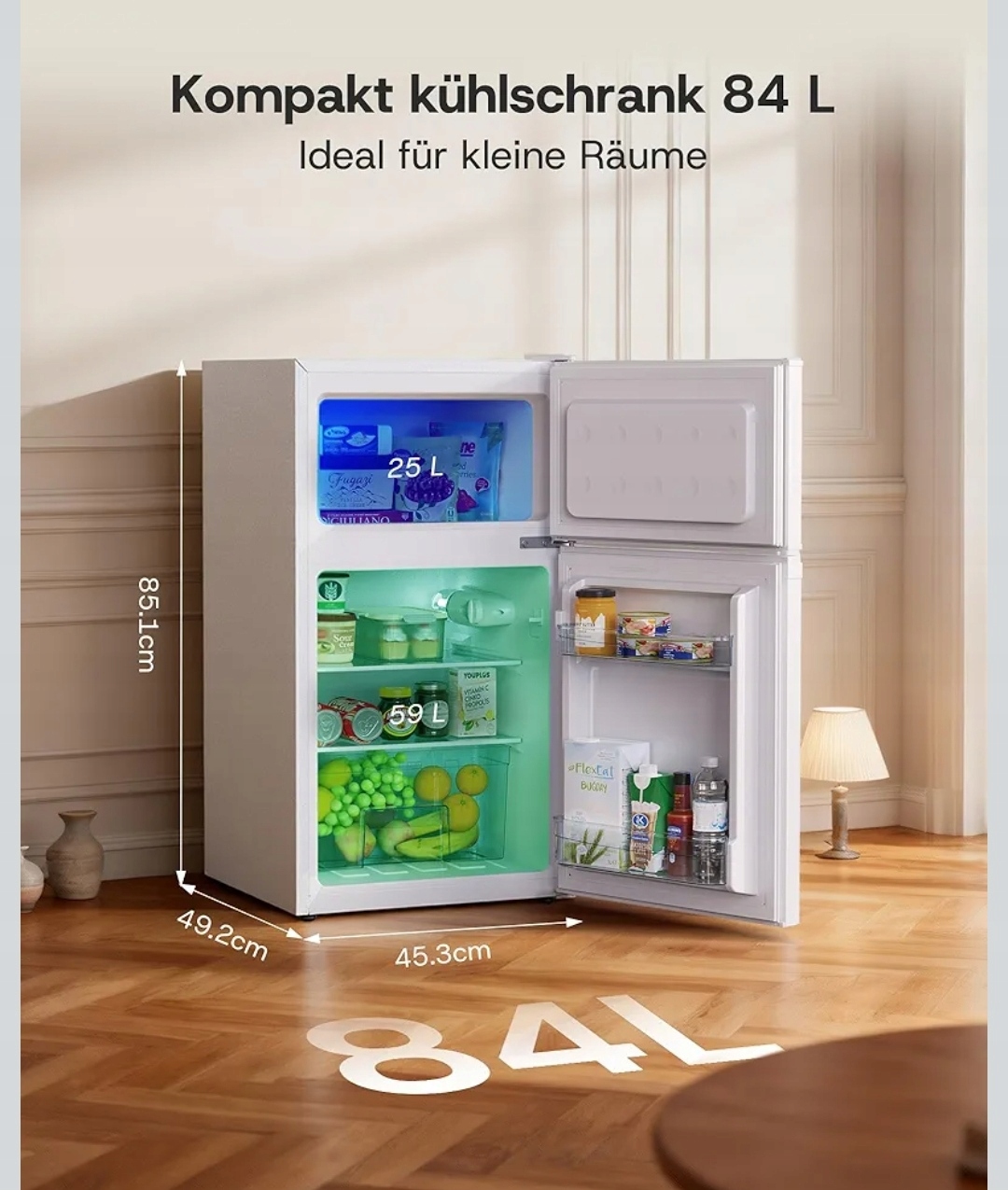 Mini lodówka Upstreman 84 L z zamrażarką, lodówka biała