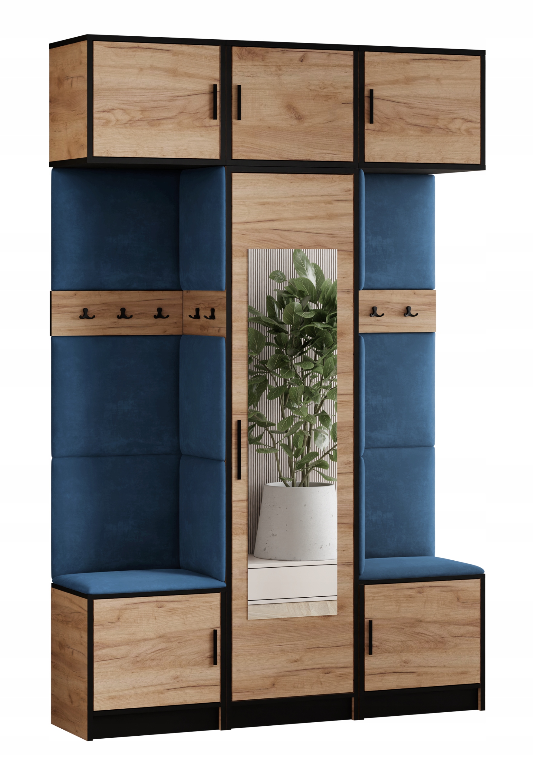 Šatní skříň s nástavcem Dior 16 dub craft zlatý modrá tkanina sedák