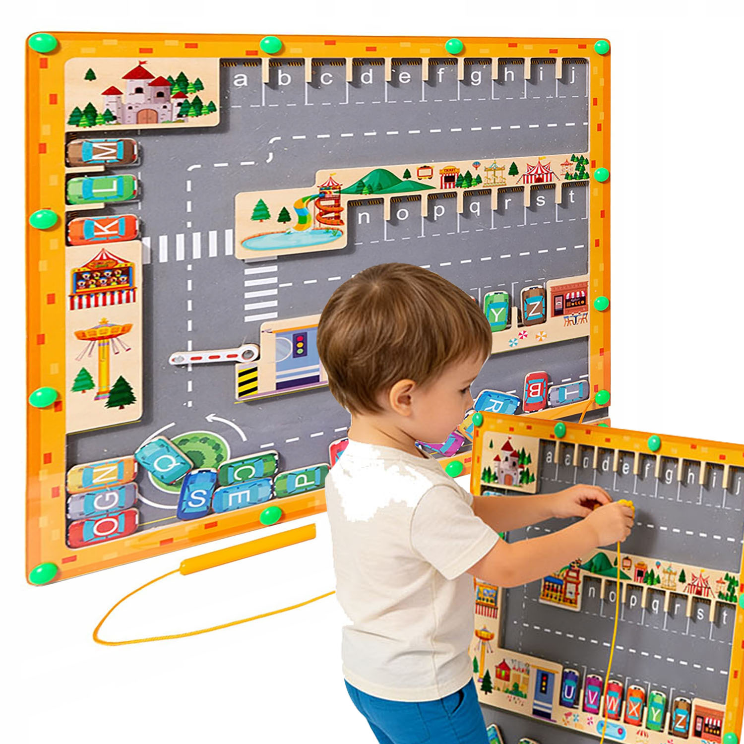 MAGNETYCZNY ALFABET MONTESSORI LABIRYNT PARKING DREWNIANA GRA XL PREZENT