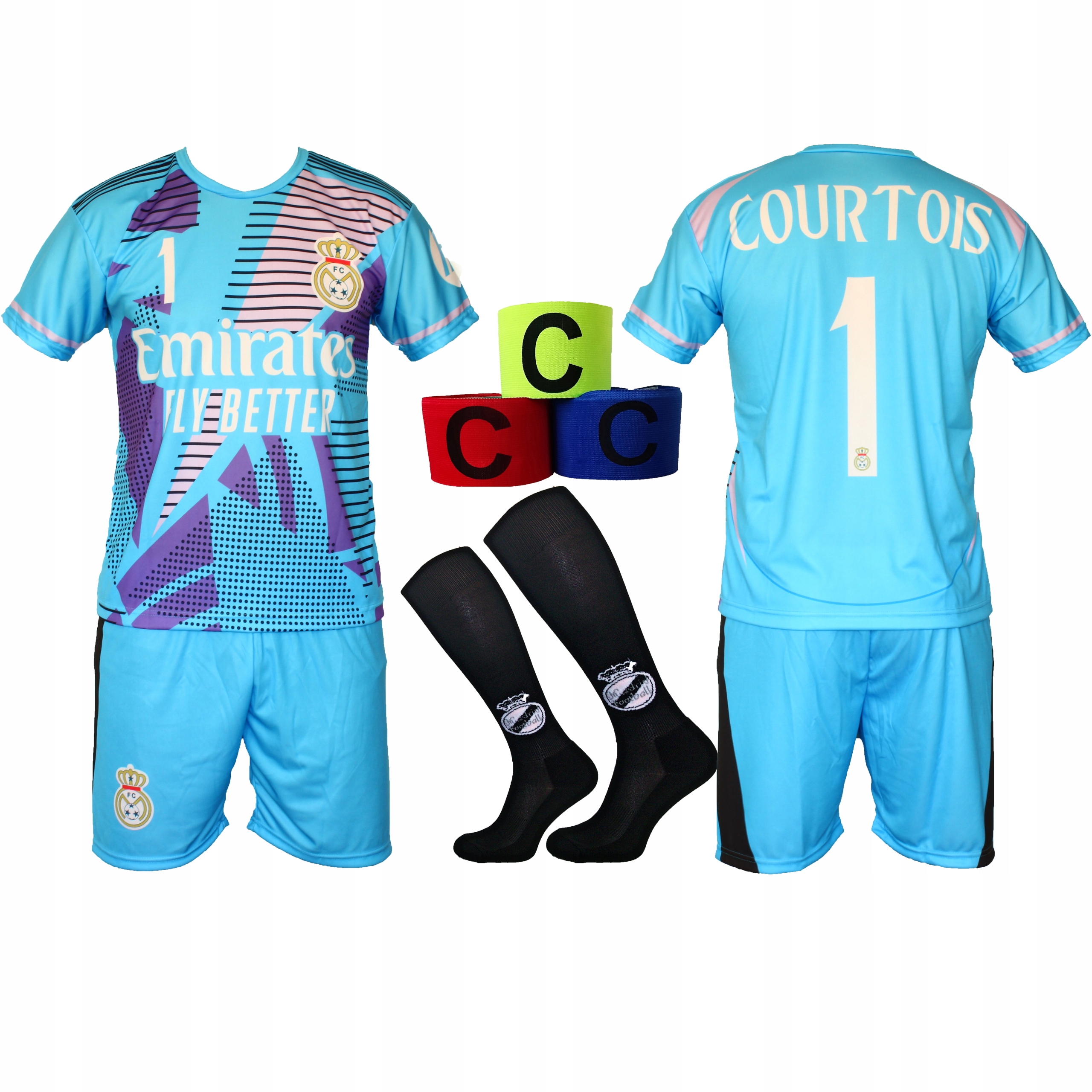 Strój Piłkarski Courtois zielony koszulka spodenki getry opaska r. 164