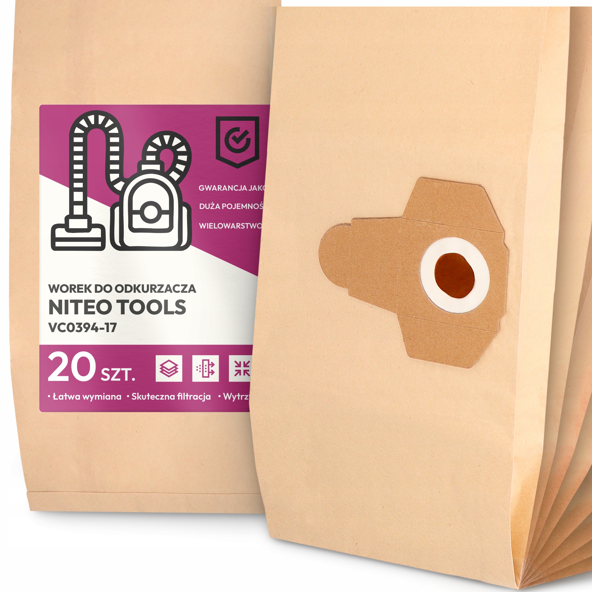 20 x Sáček Do Vysavače Niteo Tools VC0394-17 Papírový Velký Silný Sáčky 2A