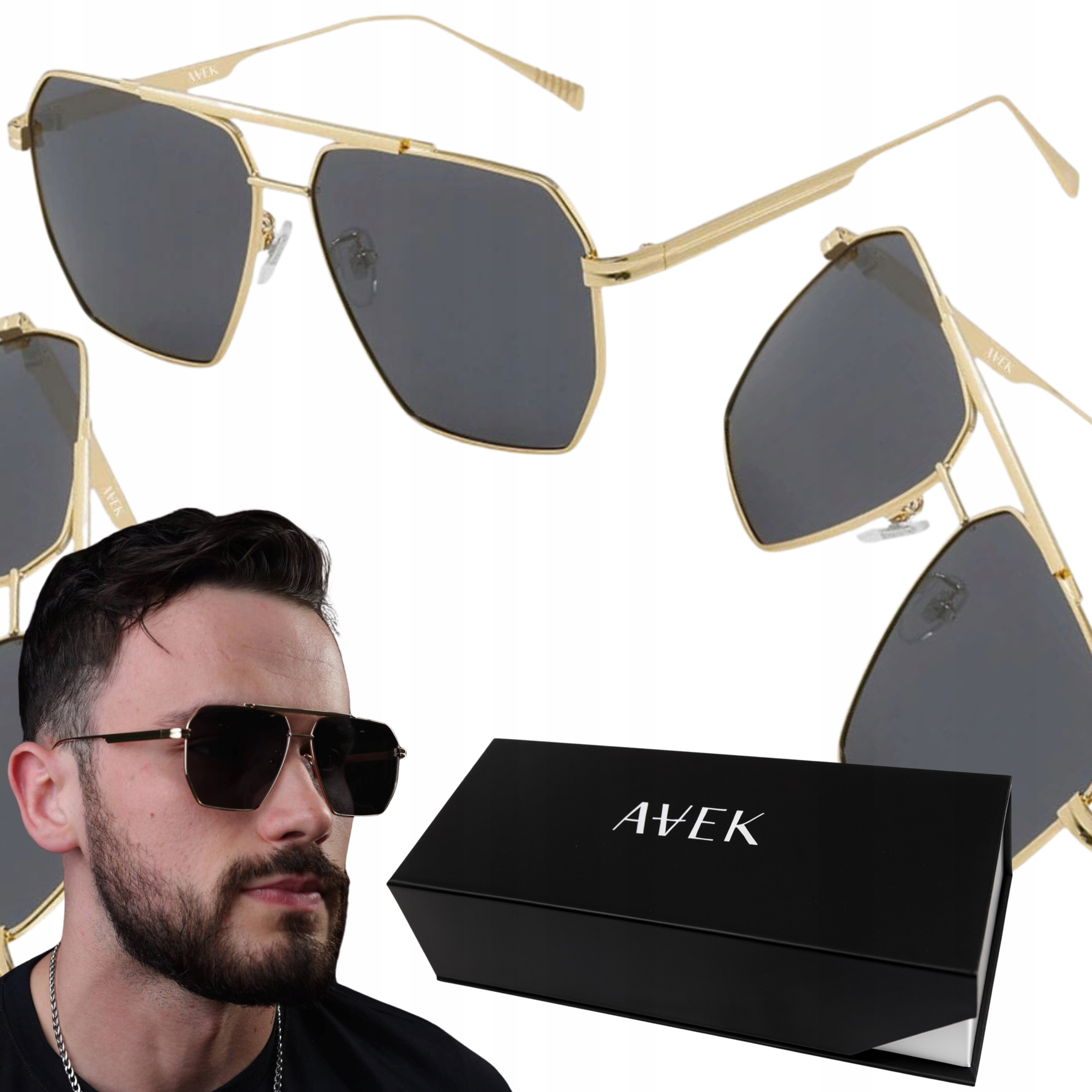 Okulary Przeciwsłoneczne Męskie UV400 Filtr Uv 400 Złote Etui Ce Pilotki