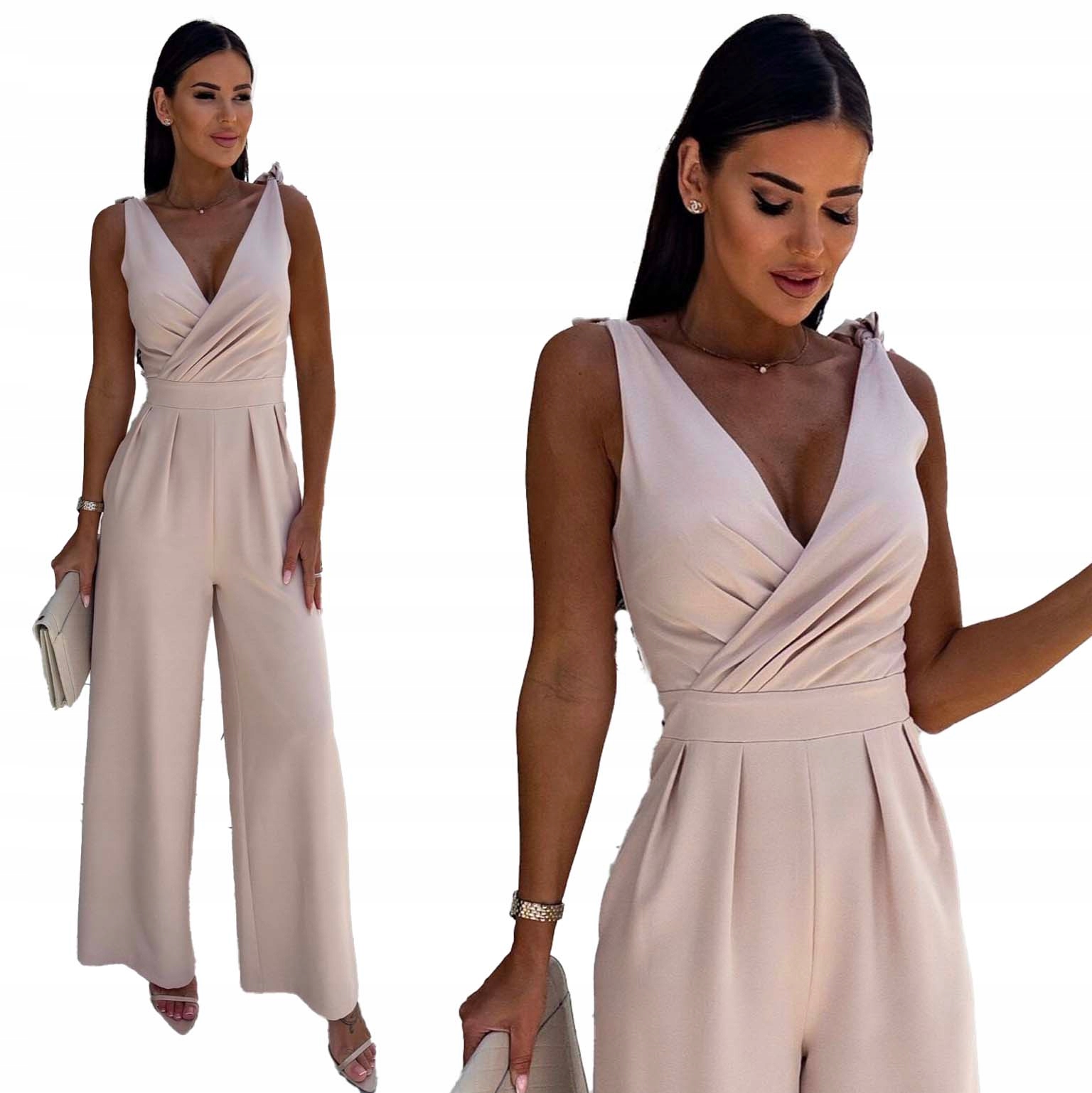 Beżowy KOMBINEZON DŁUGI ELEGANCKI Damski WIZYTOWY długa nogawka komplet Dekolt serek/dekolt V