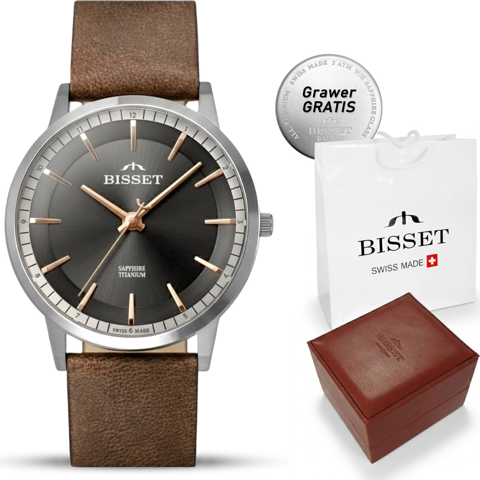 Švýcarské pánské hodinky Bisset s titanovým koženým řemínkem Safír Gravírování
