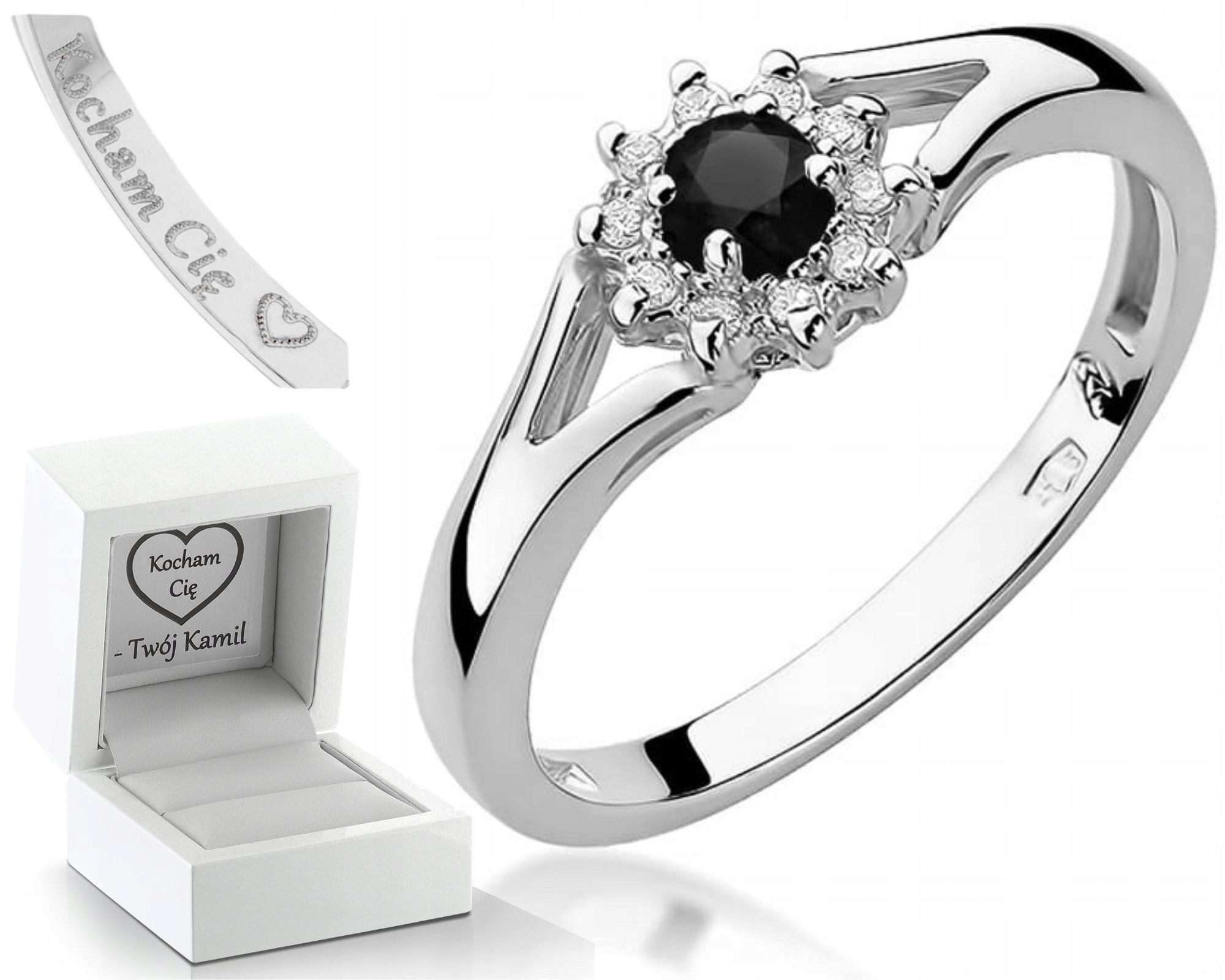 Bílé Zlato Prstýnek Černý Briliant A Diamanty 585 Gravírování