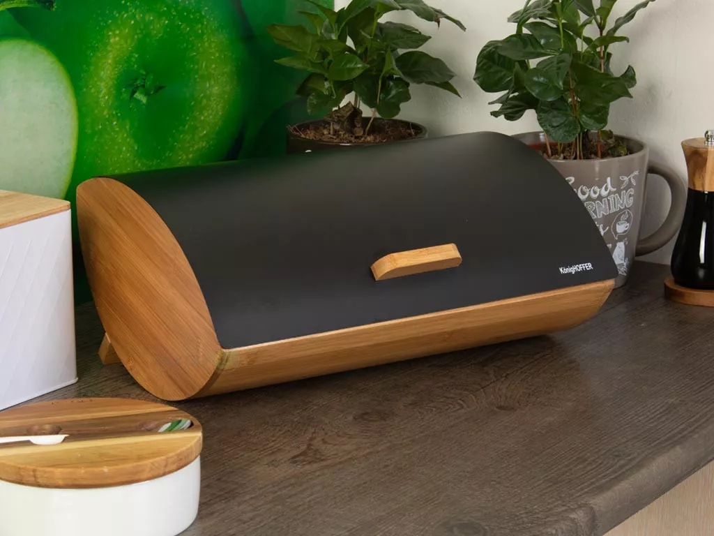 Chlebak drewniany stalowa pokrywa czarna Edenberg Stan opakowania oryginalne