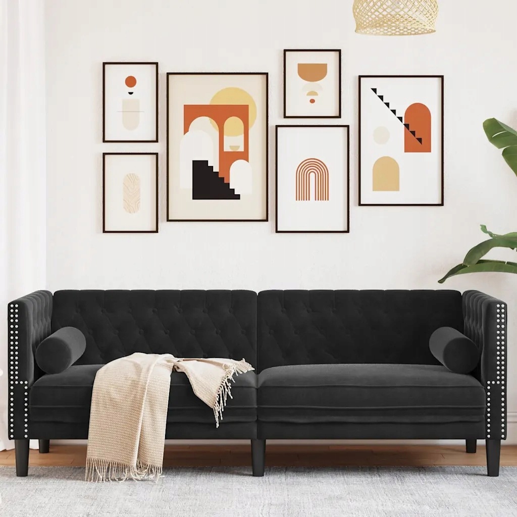 vidaXL Sofa Chesterfield z wałkami, trzyosobowa, czarna, aksamit