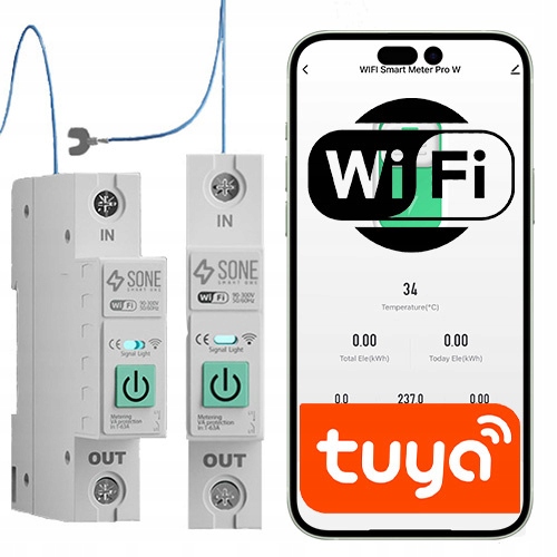 Przekaźnik Tuya WiFi 63A na szynę Din zewnętrzny przewód N pomiar energii