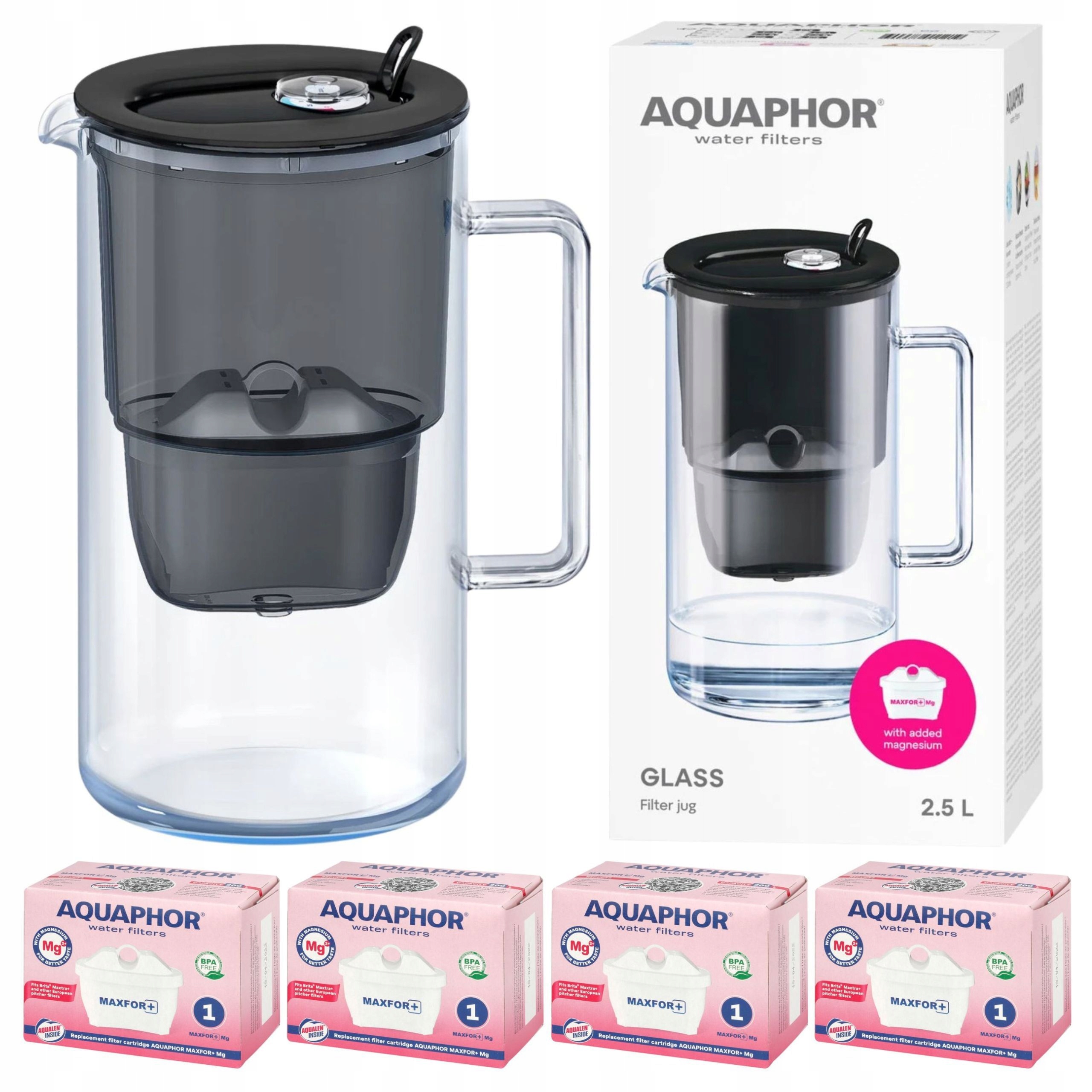 Džbán Aquaphor Glass černý 2,5 l skleněný na vodu 4 filtry Maxfor+ Mg