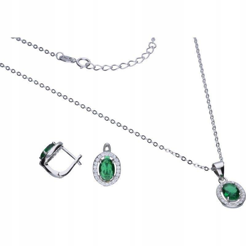 Stříbrný komplet 925 oválný se zelenými a bílými zirkony jako dárek