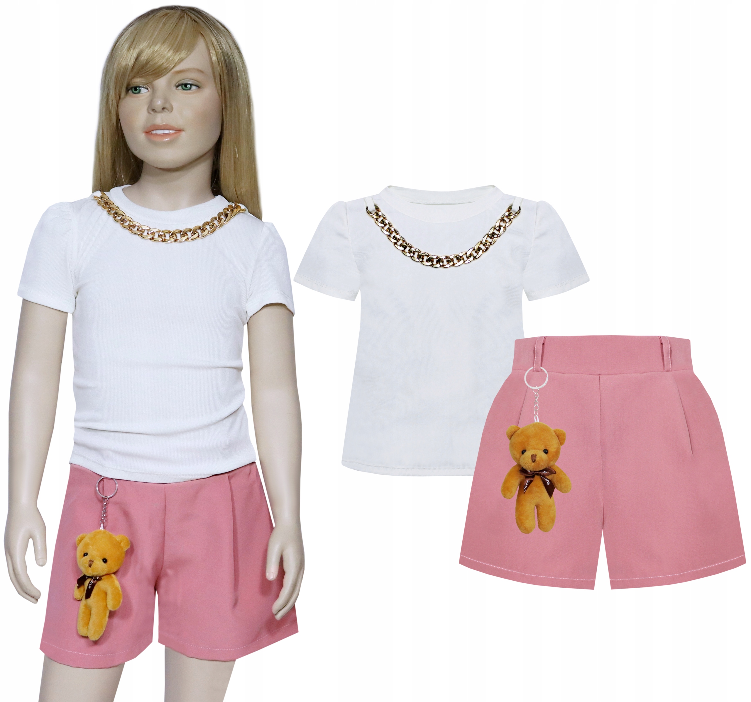 ELEGANCKI Zestaw na LATO Szorty i Bluzka Łańcuszek i Miś r 134/140 1071
