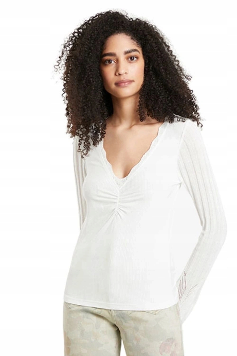 Dámská halenka Desigual, krémová, žebrovaná, s dlouhým rozšířeným rukávem, vel.