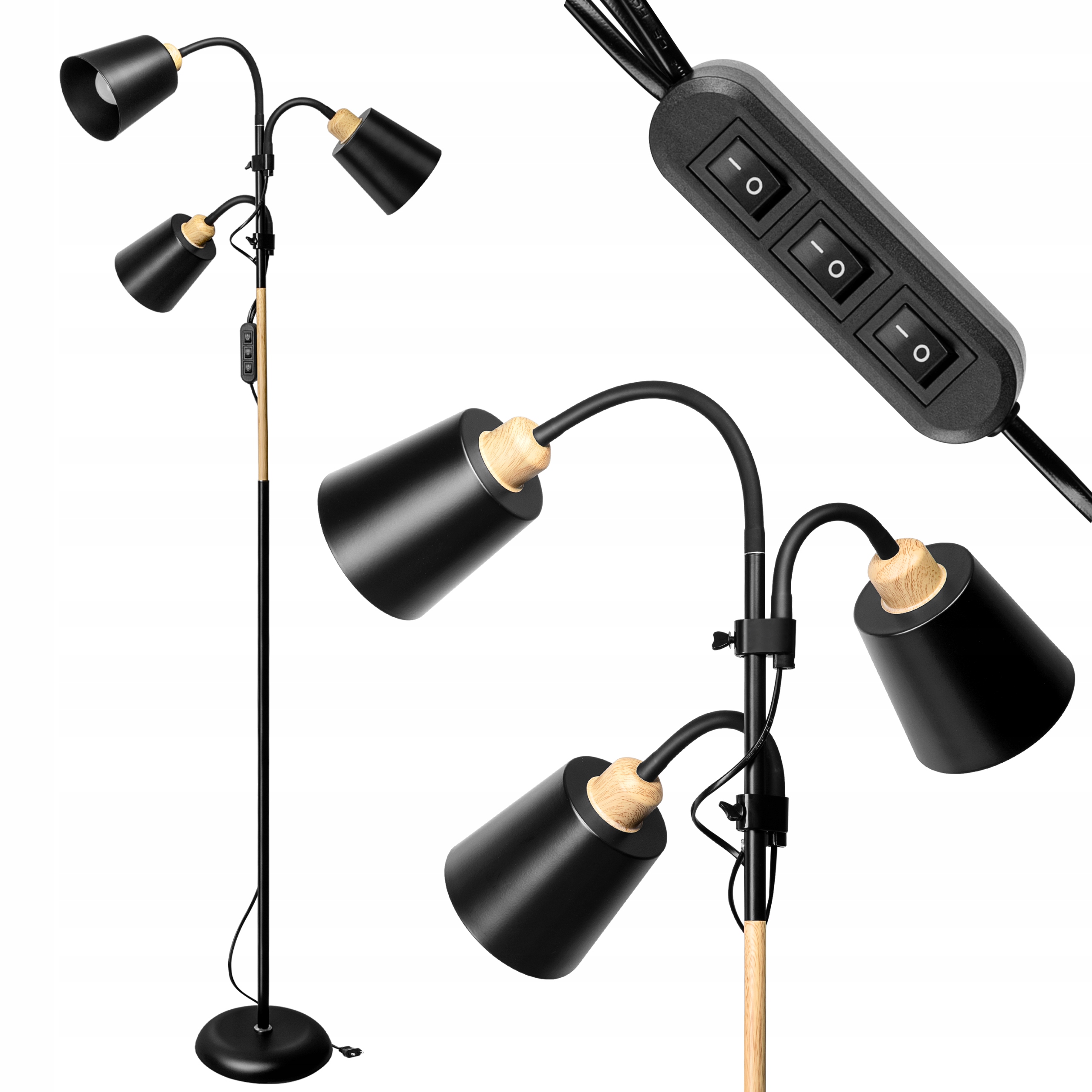 Stojací lampa podlahová černá dřevo s trojitým vypínačem 192 cm 3xE27 3x18W