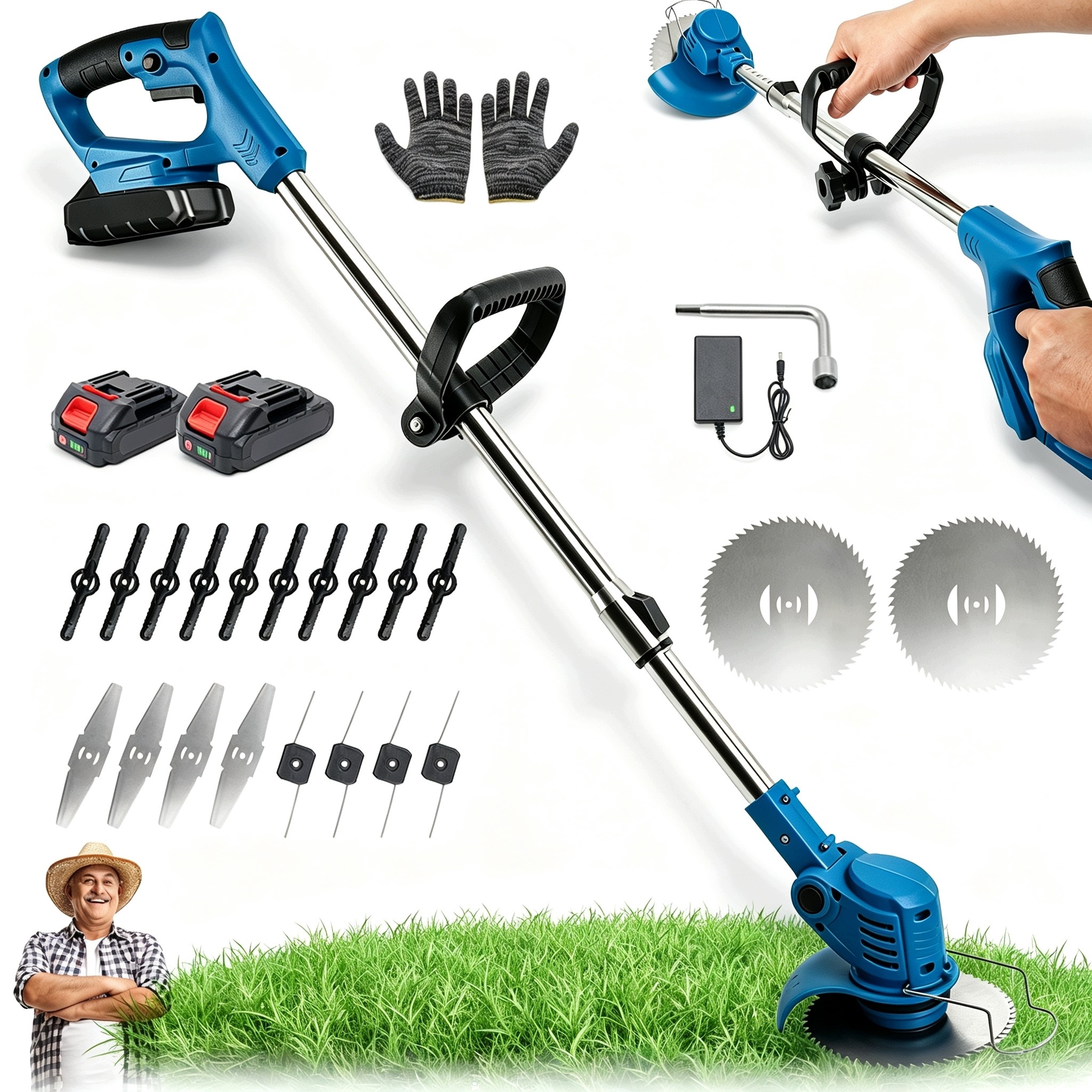 Aku Vyžínač 800 W 2 Baterie 60 Min Provozu 4 Typy Nožů 90-125 CM
