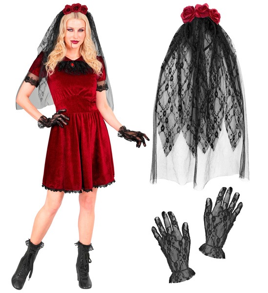 Kostým Gotická Nevěsta Upír Bordó Šaty Halloween Xs
