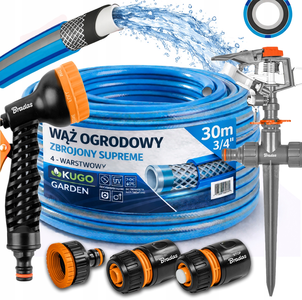 Hadice 3/4" 30 m 4 Vrstvy Supreme Gun Zavlažovač Set Bradas