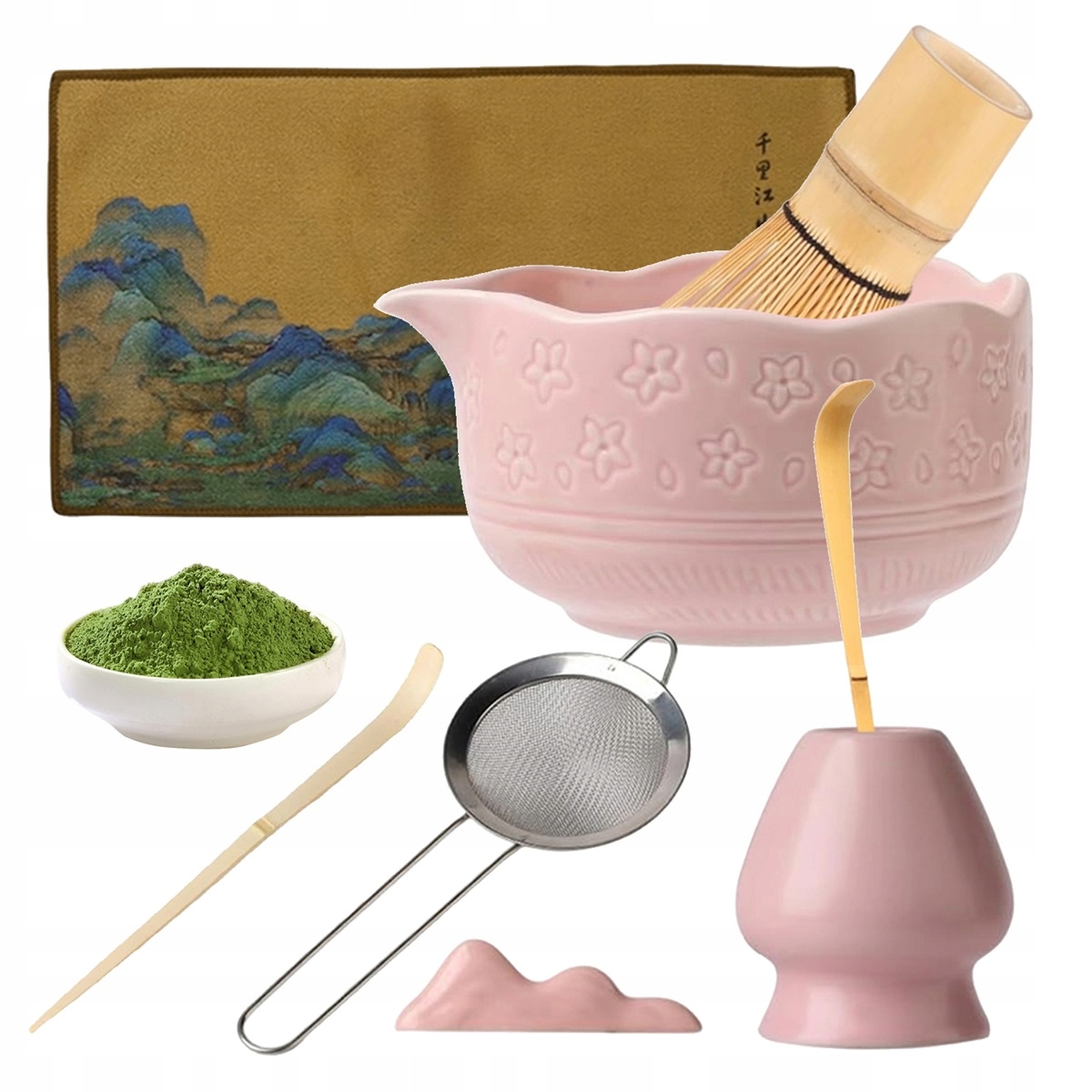 Levně Sada Pro Matcha Růžová Kompletní S Bambusovou Šlehací Metlou A Stojanem