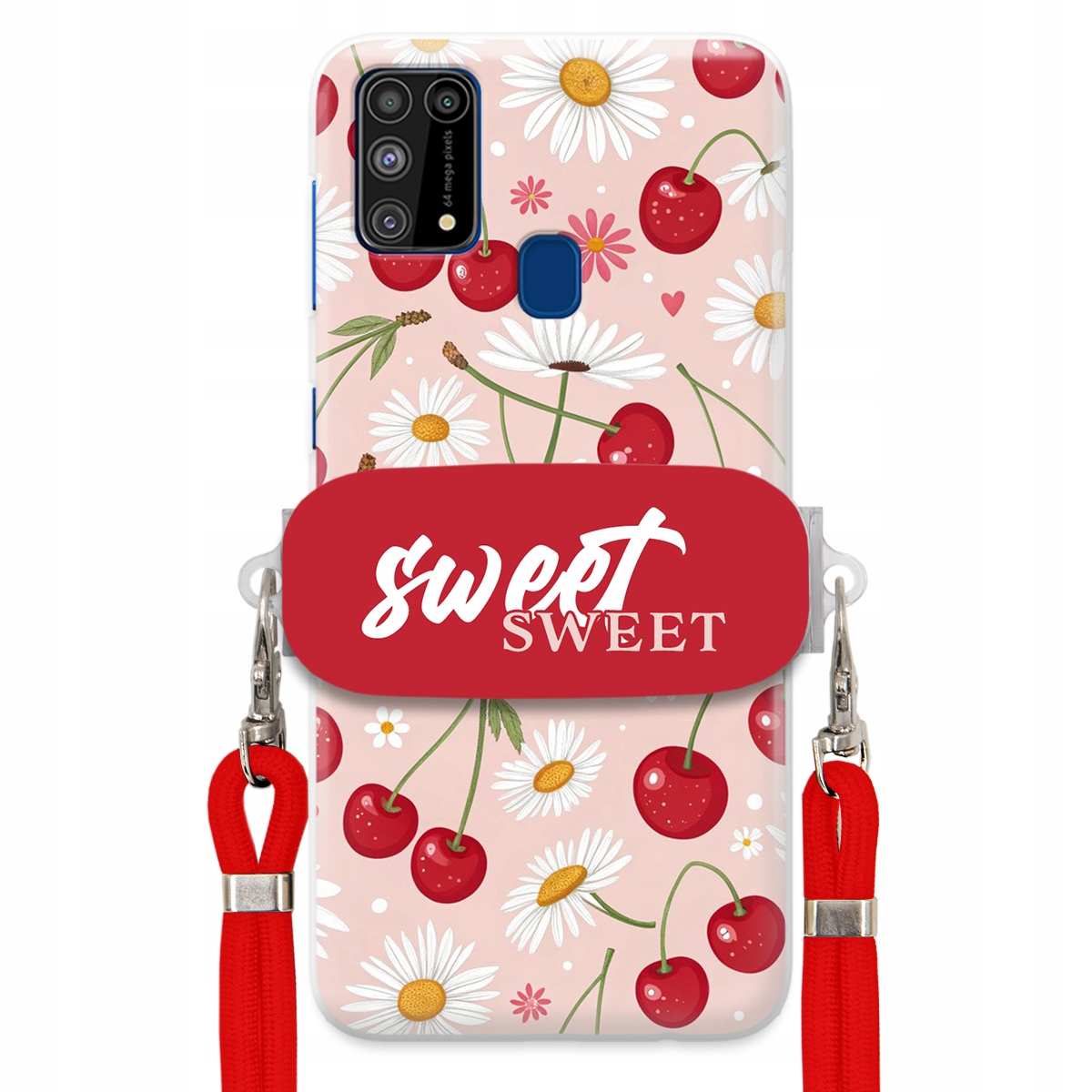 Pouzdro pro Samsung M31 Červené vodítko držák Sweet Sweet Višeň a sedmikráska