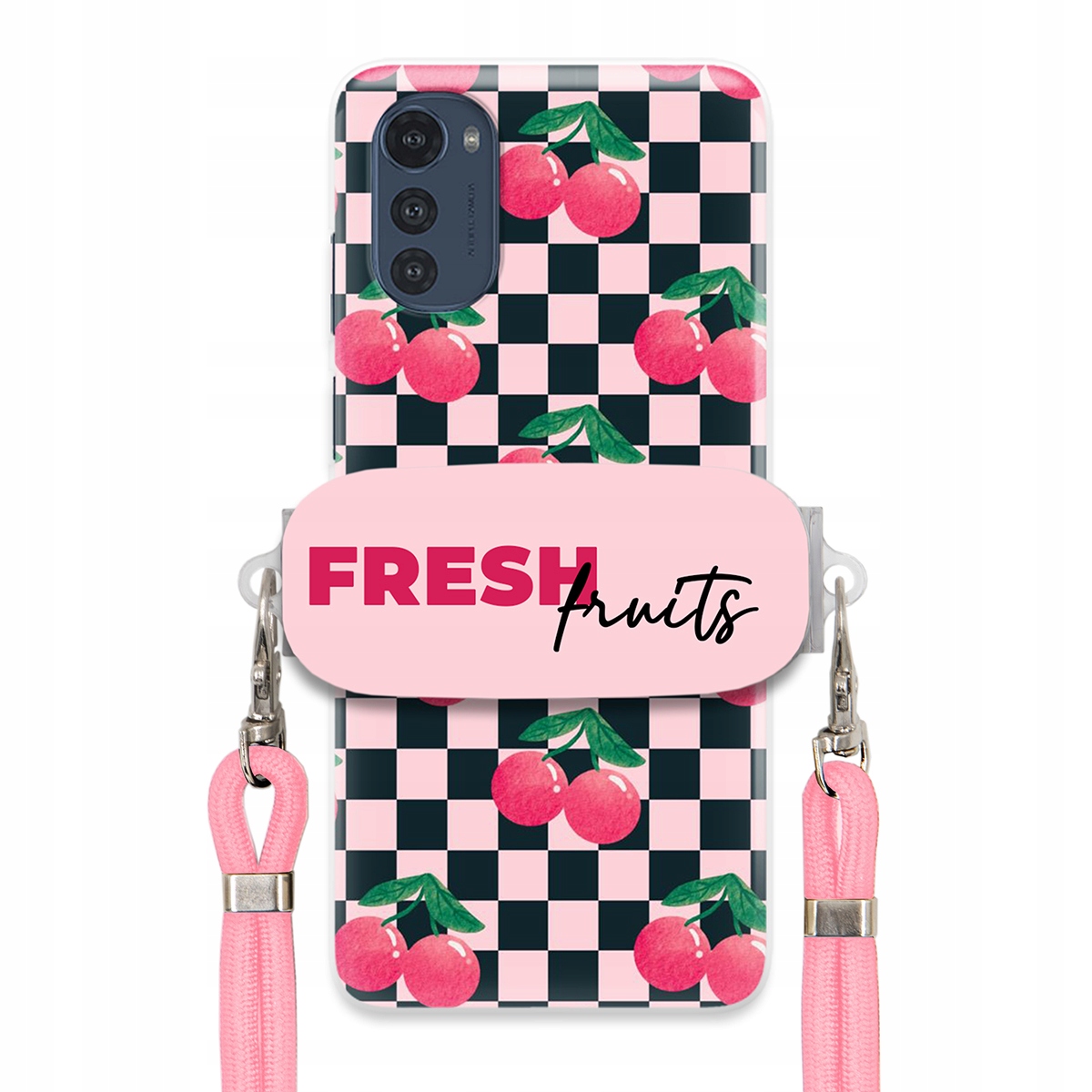 Puzdro pre Motorola E32 Pink Crossbody držiak šachovnice Fresh Fruits
