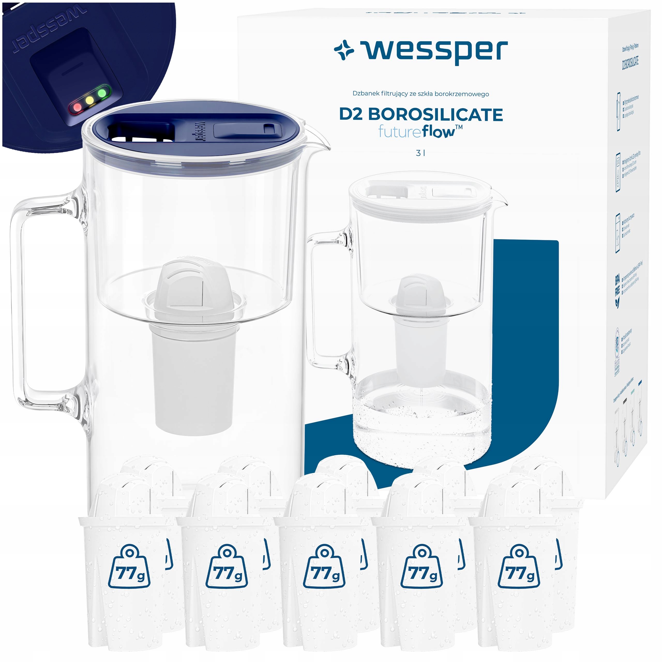 Filtrační konvice skleněná Wessper D2 Borosilicate Ff 3l granátová 11x filtr