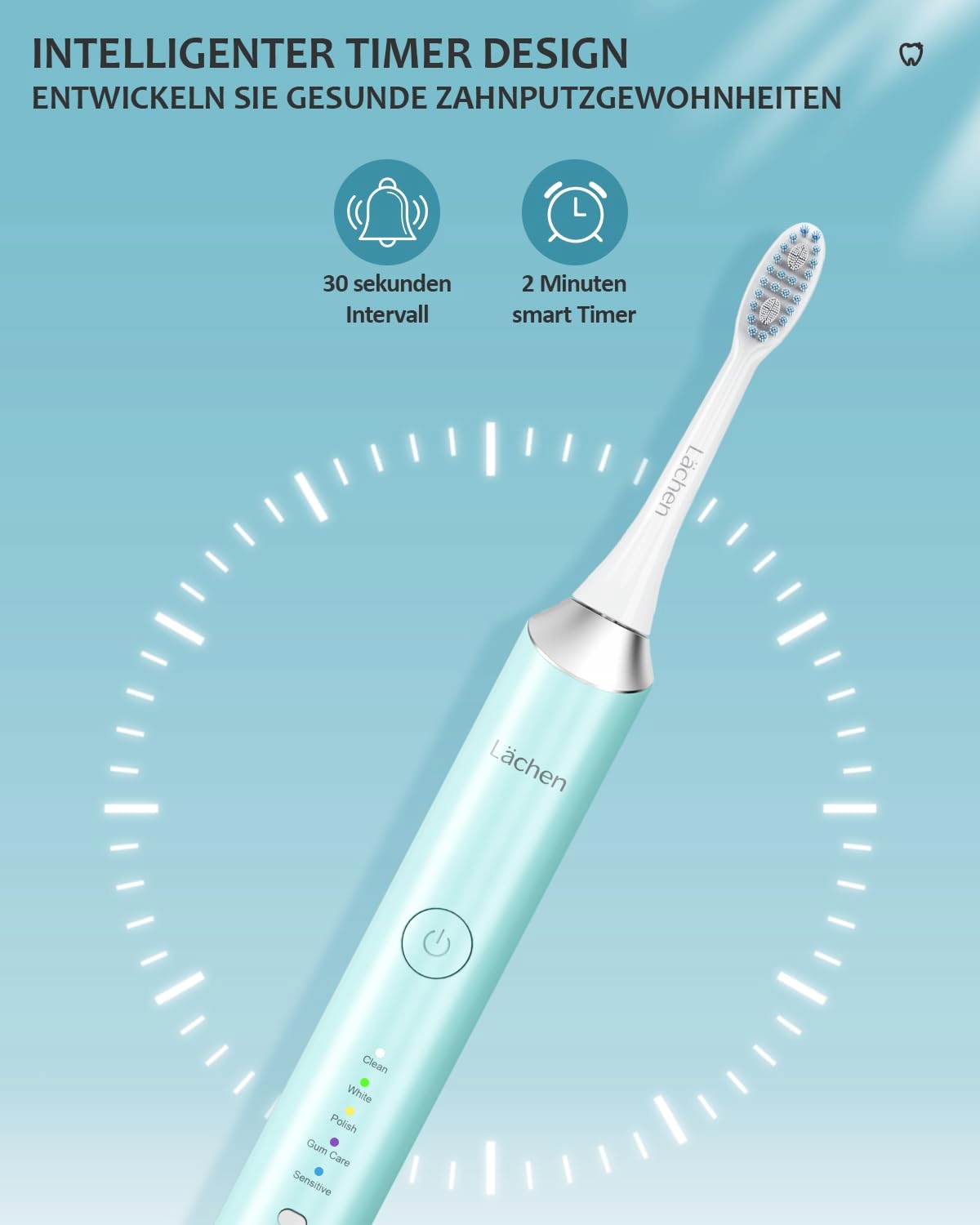LÄCHEN Elektryczna Szczoteczka Do Zębów 5 Trybów 6 Końcówek IPX7 Cyan — miniatura 6