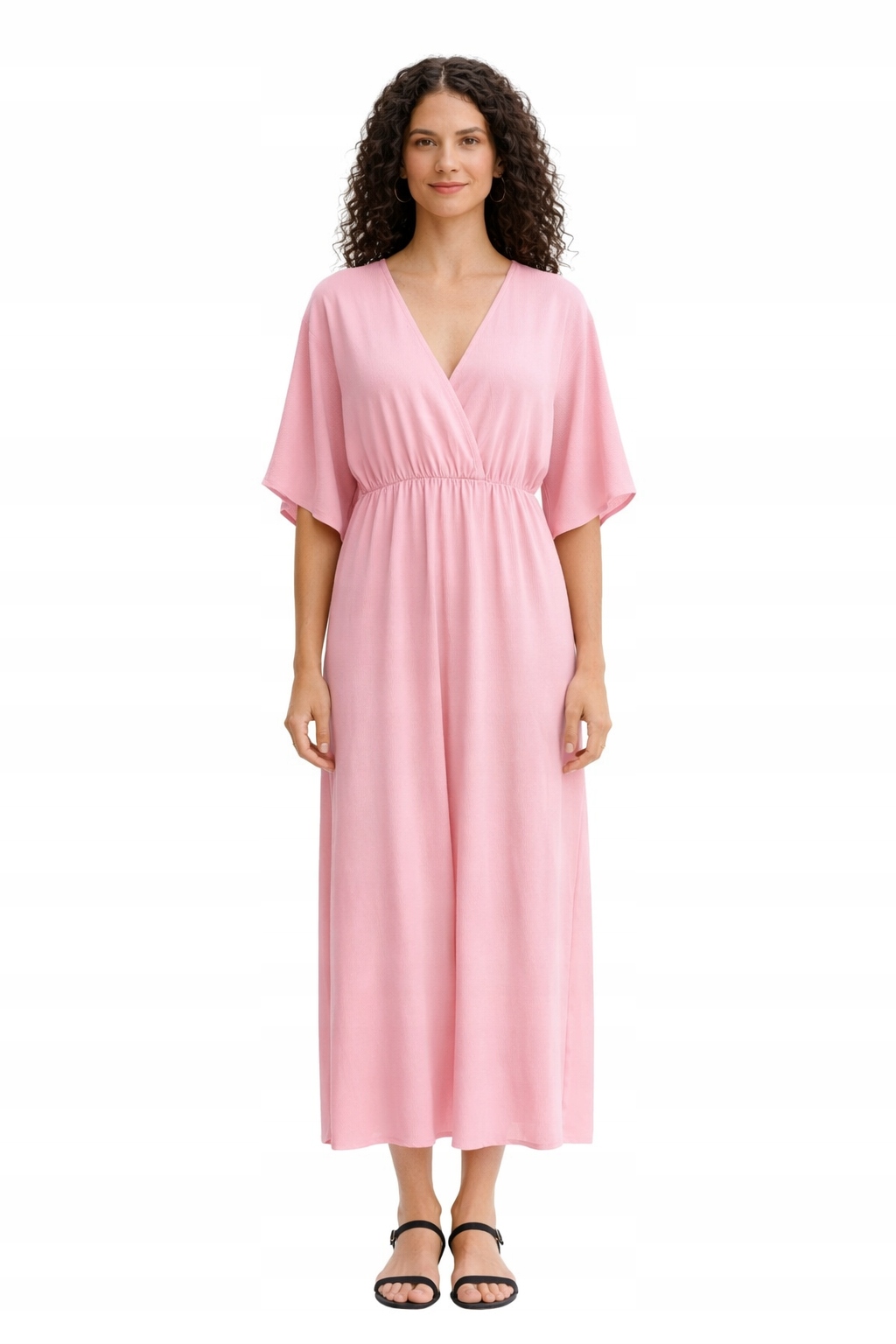 Růžové Šaty MIDI S Volánky Na Rukávech L 1I4A