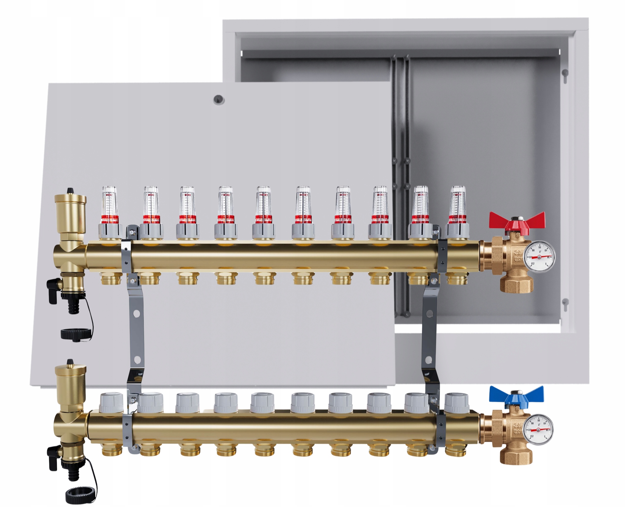 Rozdělovač Pro Podlahovou Krytinu 10 Okruhů Ventil Teploměr Nástěnná Skříňka