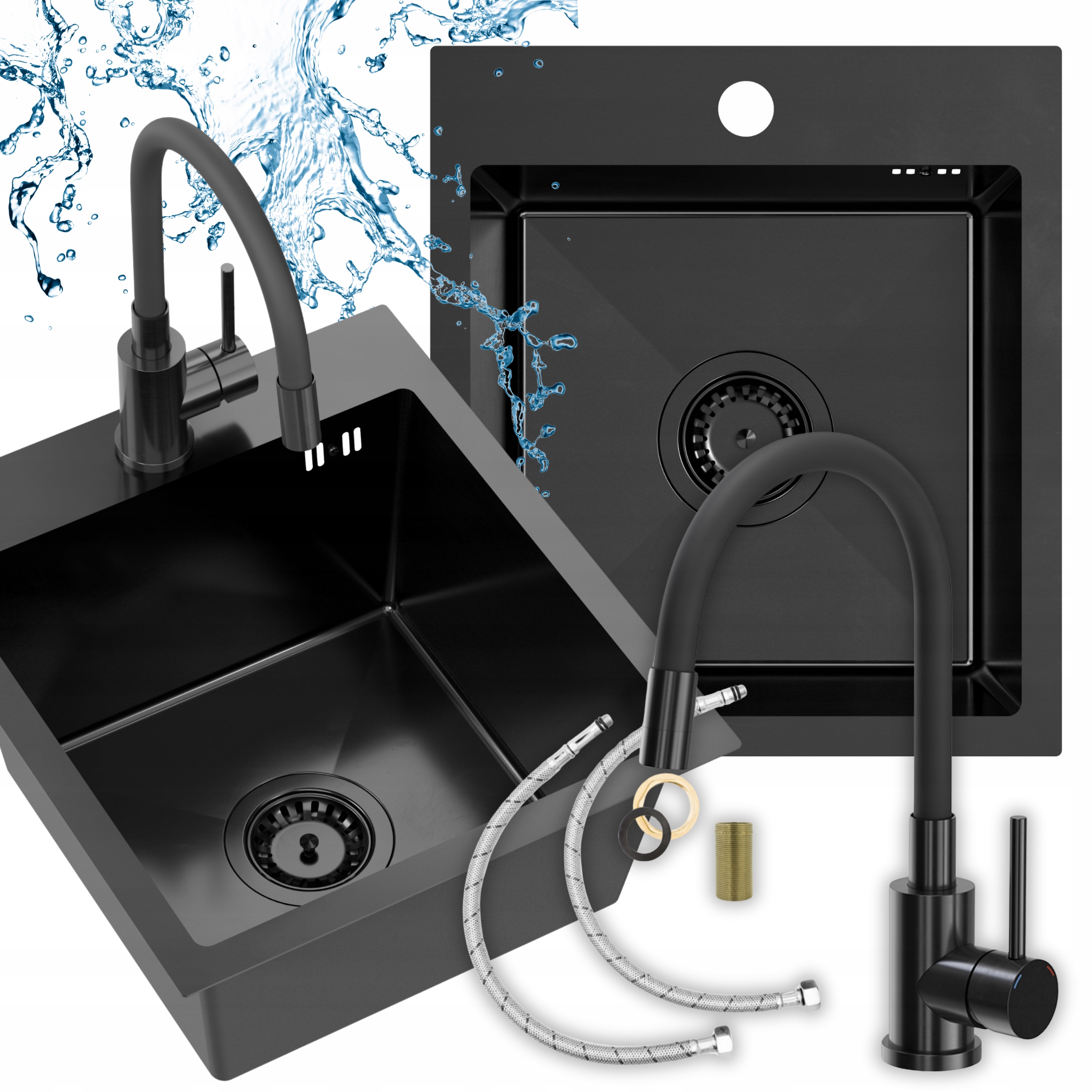 Jednokomorový ocelový dřez černý s kuchyňskou baterií Ocel Sifon 8v1