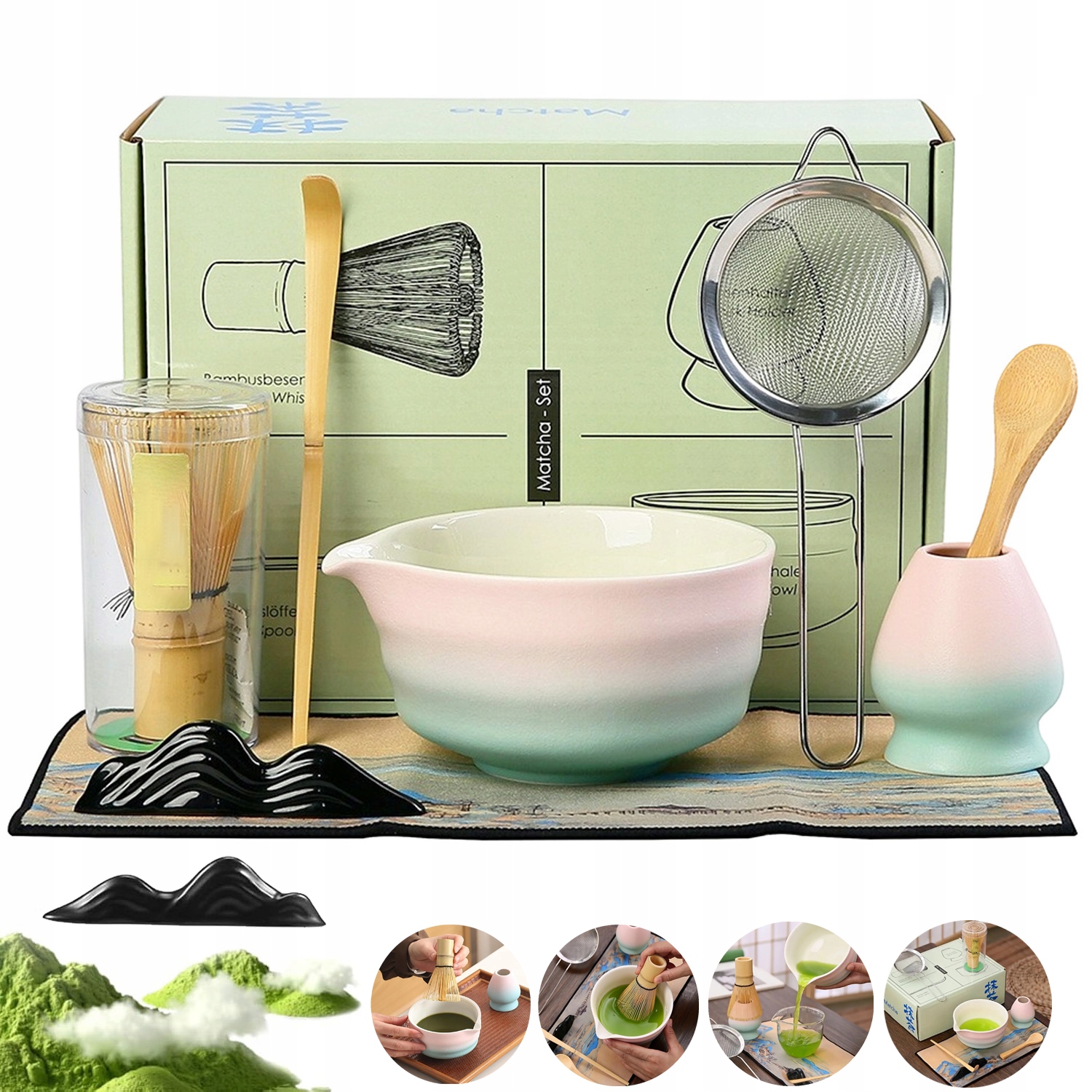 Zestaw Startowy Do Matcha Herbaty Z Piękną Czarką Miotełką Łyżką Sito