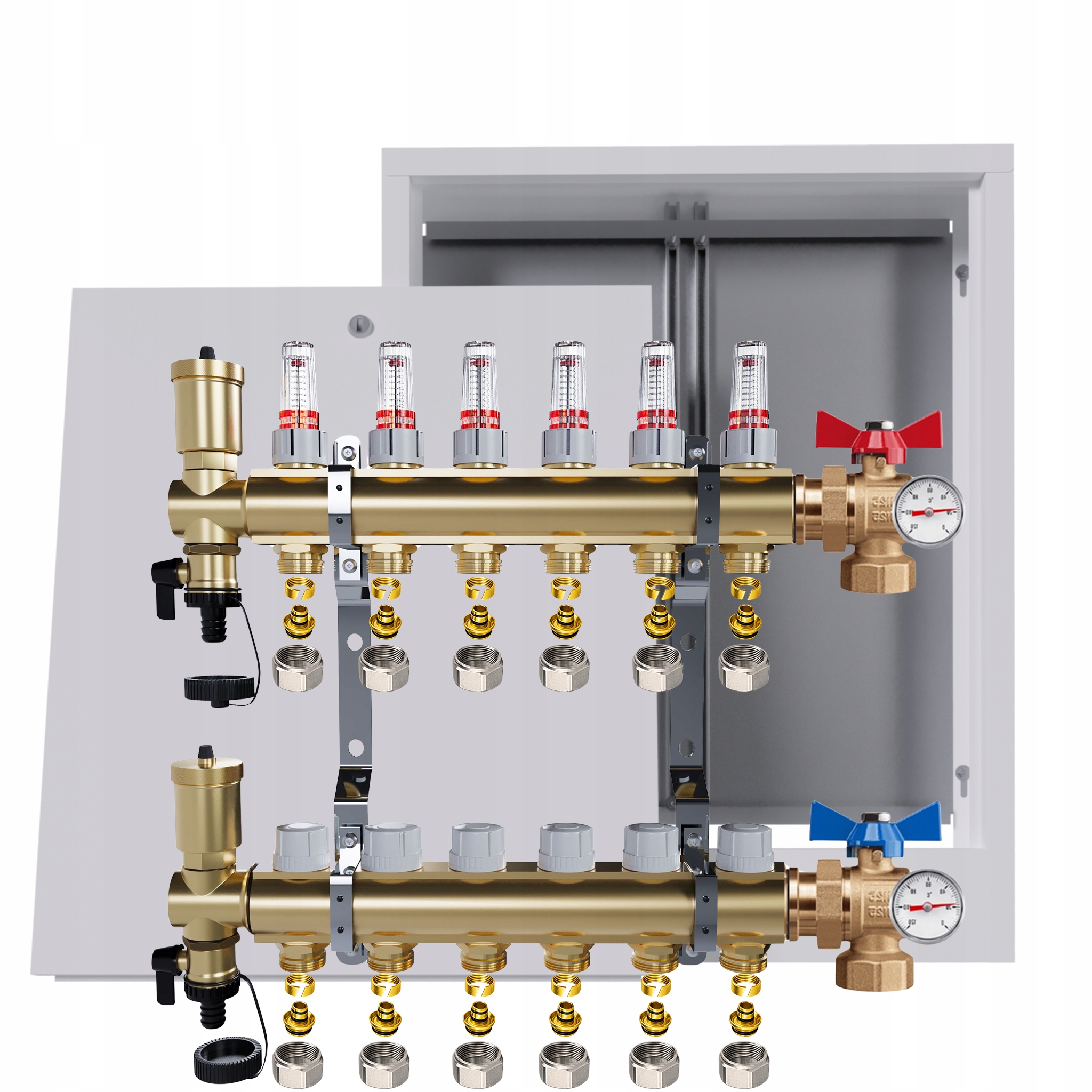 Rozdělovač Pro Podlahovou Krytinu 6 Okruhů Ventily Teploměr Krabička Pex