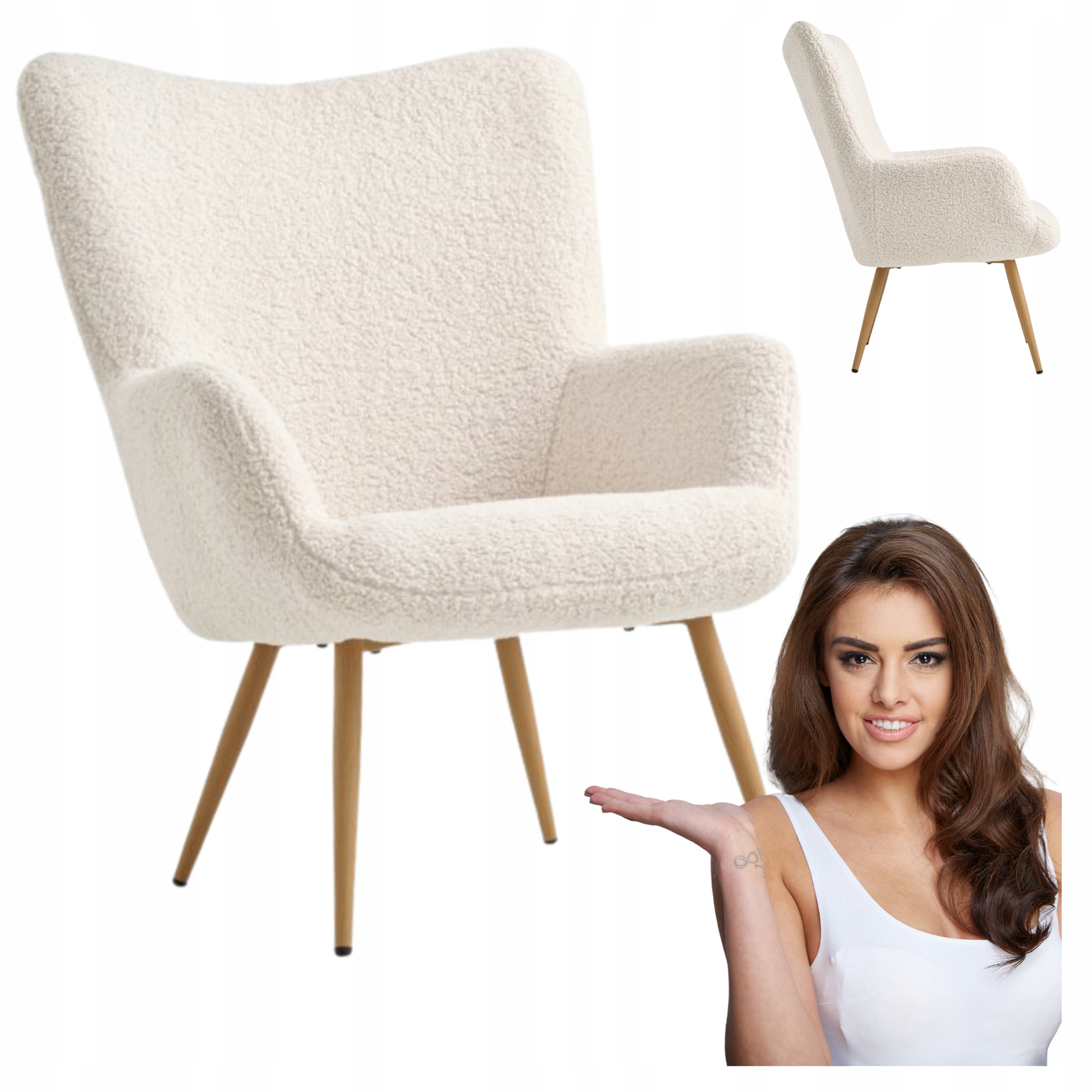 Křeslo Hundested Přírodní bílá plyšová barva přírodní barva dub Krásný Pohodlný