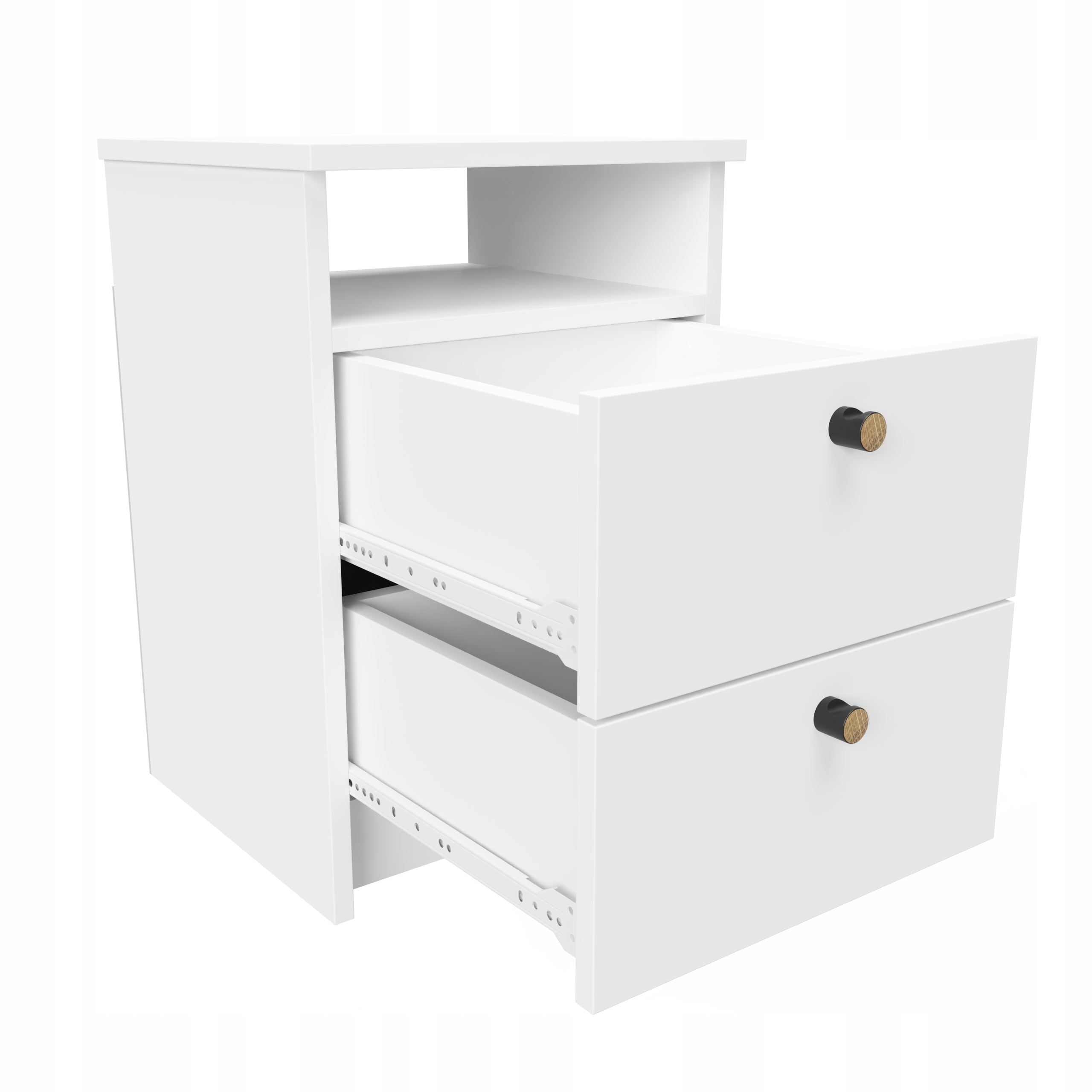 Nočná Skrinka biela, dve zásuvky so skrytým úložným priestorom pri posteli 40 cm