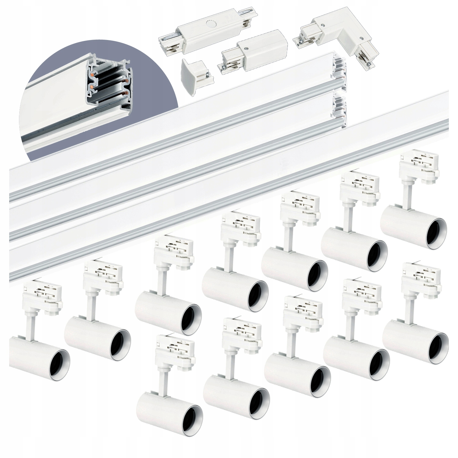3-fázový koľajnicový set 1m+1m+2m, 12x lampa, spojka I L Biela