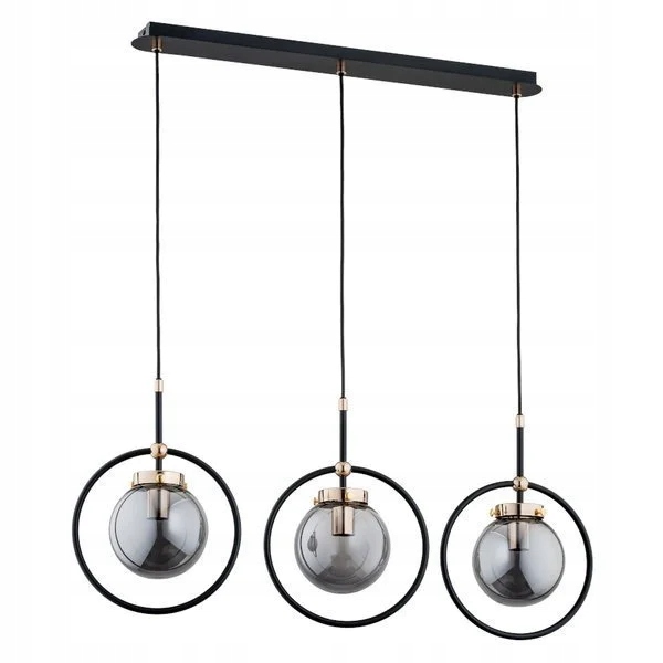 Trojitá závesná lampa čierna zlatá, sklenené dymové gule, lišta 80 cm Alfa