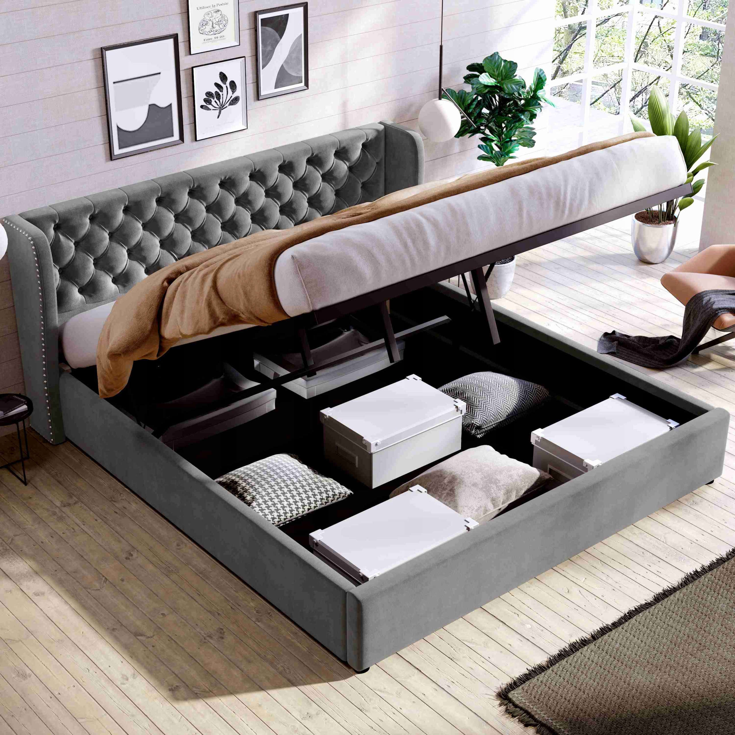 Čalouněná postel 160*200 cm Dvojlůžko hydraulické Šedá