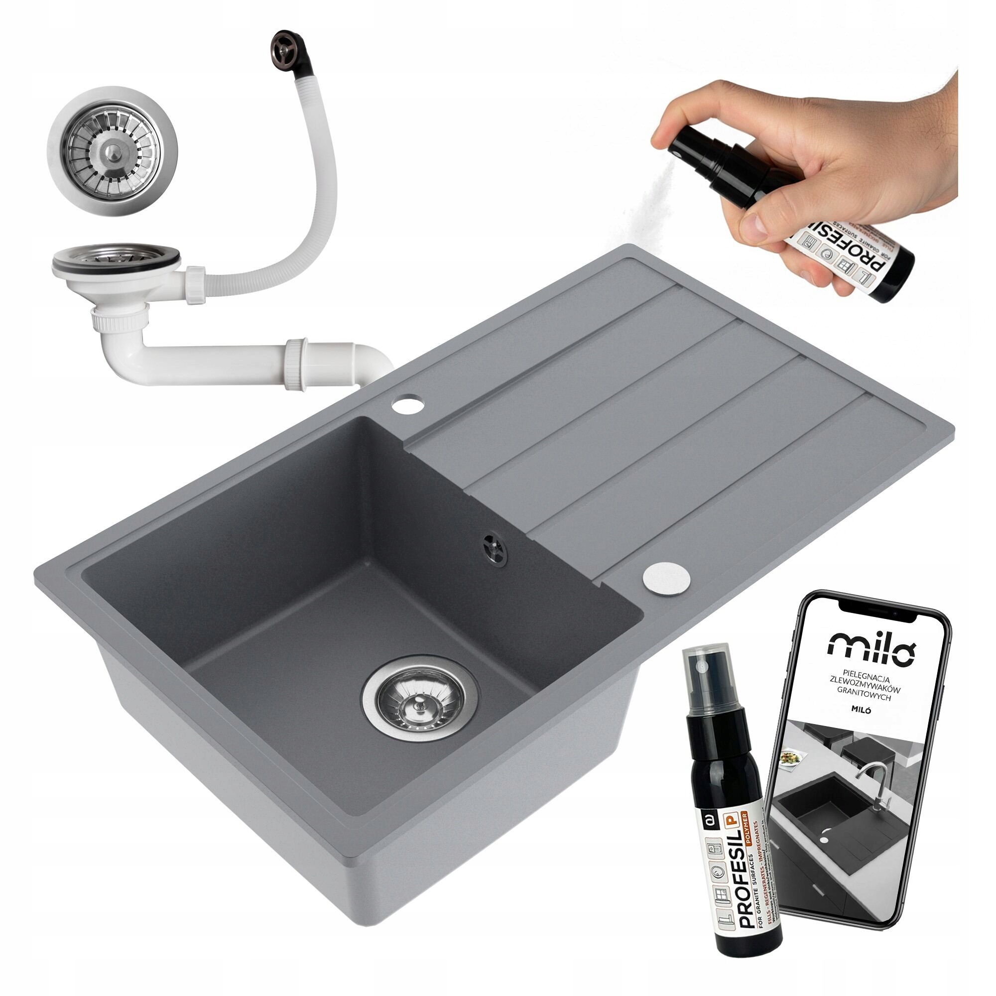 Granitový Jednokomorový Drez Miló Metro Set Sifón Dlhý Odkapávač